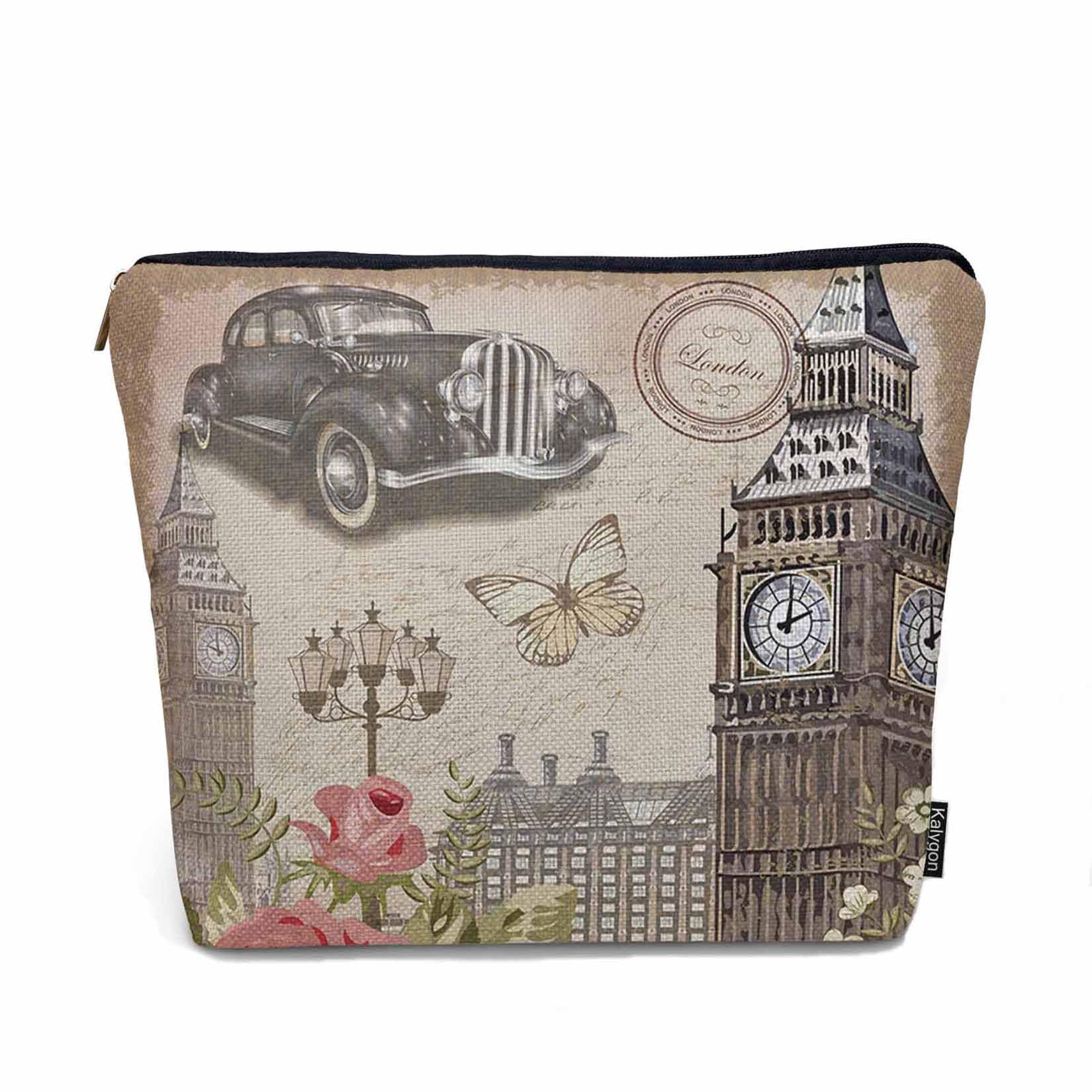 Kalygon London Cosmetic Bags For Women, Vintage London Retro Car Big Ben Rose Roomy Makeup Bag Toiletry Bag Accessories Organizer Storage Bags Makeup Pouch For Travel Business Gym Camping Bathroom