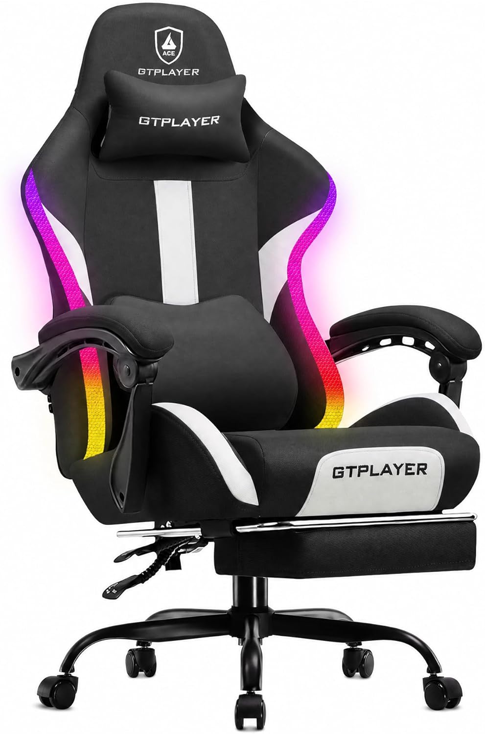 GTPLAYER RGB Gaming Chair with Footrest, LED Lights, Ergonomic Computer Chair with Linkage Armrest, Breathable Fabric for Home Office Desk - Video Game Chairs for Adults