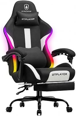 GTPLAYER RGB Gaming Chair with Footrest, LED Lights, Ergonomic Computer Chair with Linkage Armrest, Breathable Fabric for Home Office Desk - Video Game Chairs for Adults