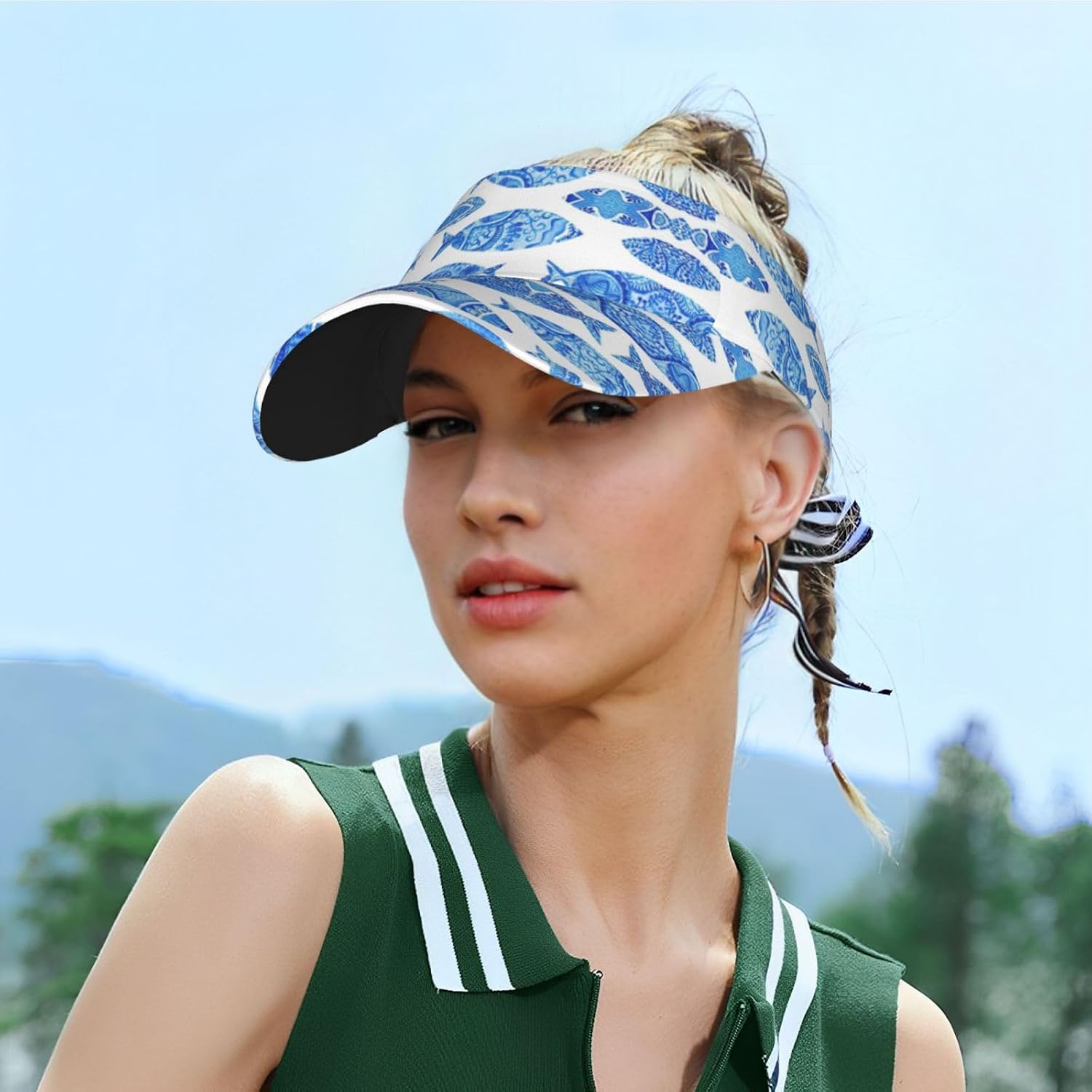 Fish Painting Print Sport Sun Visor Hats Adjustable Empty Top Baseball Cap Women and Men Sun Visor Hat Black