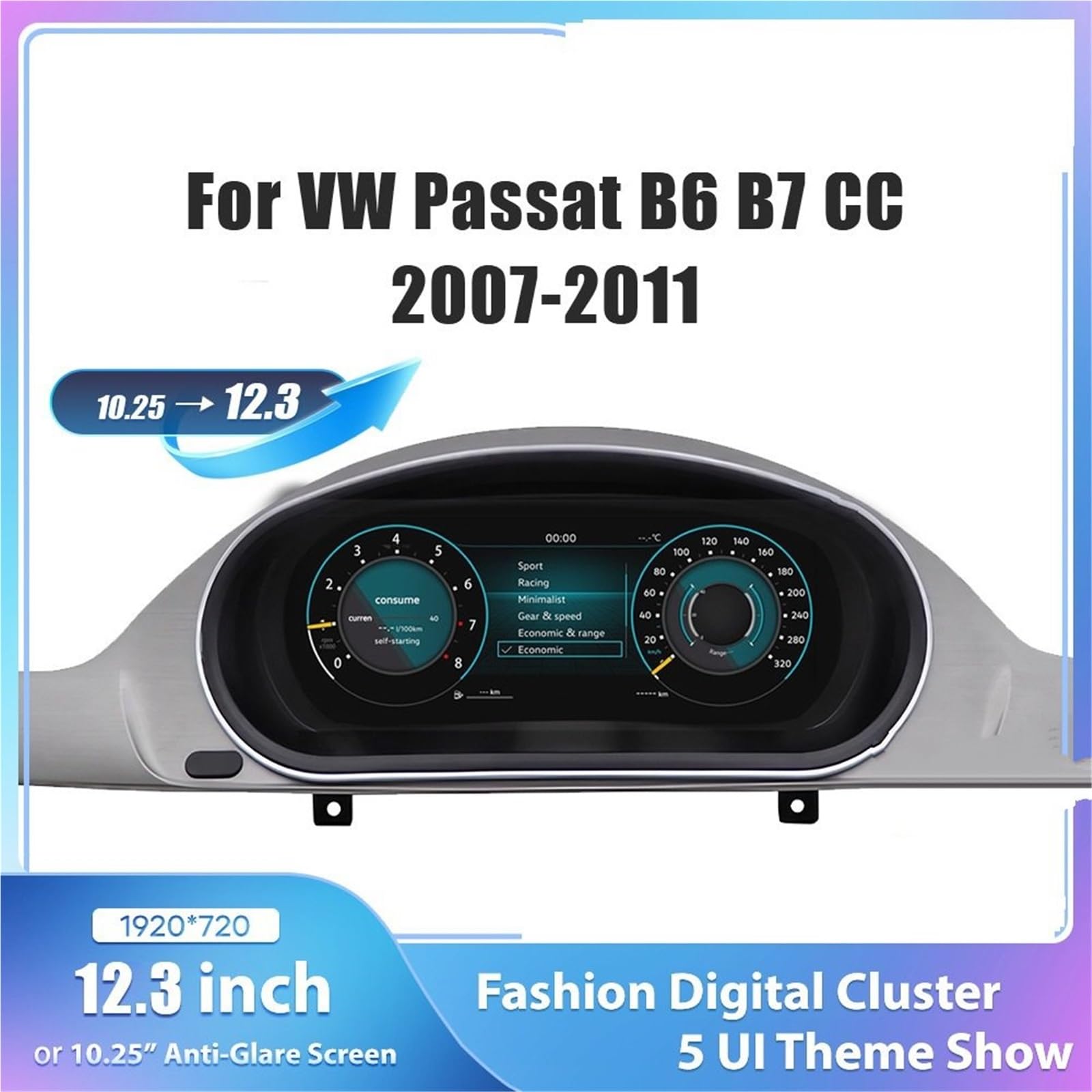 Cyfrowy miernik 12,3-calowy cyfrowy zestaw wskaźników LCD pasujący do Volkswagena Maiden B6 B7 CC 2007 8 9 10 11 lat, radioodtwarzacz samochodowy NTG4.5