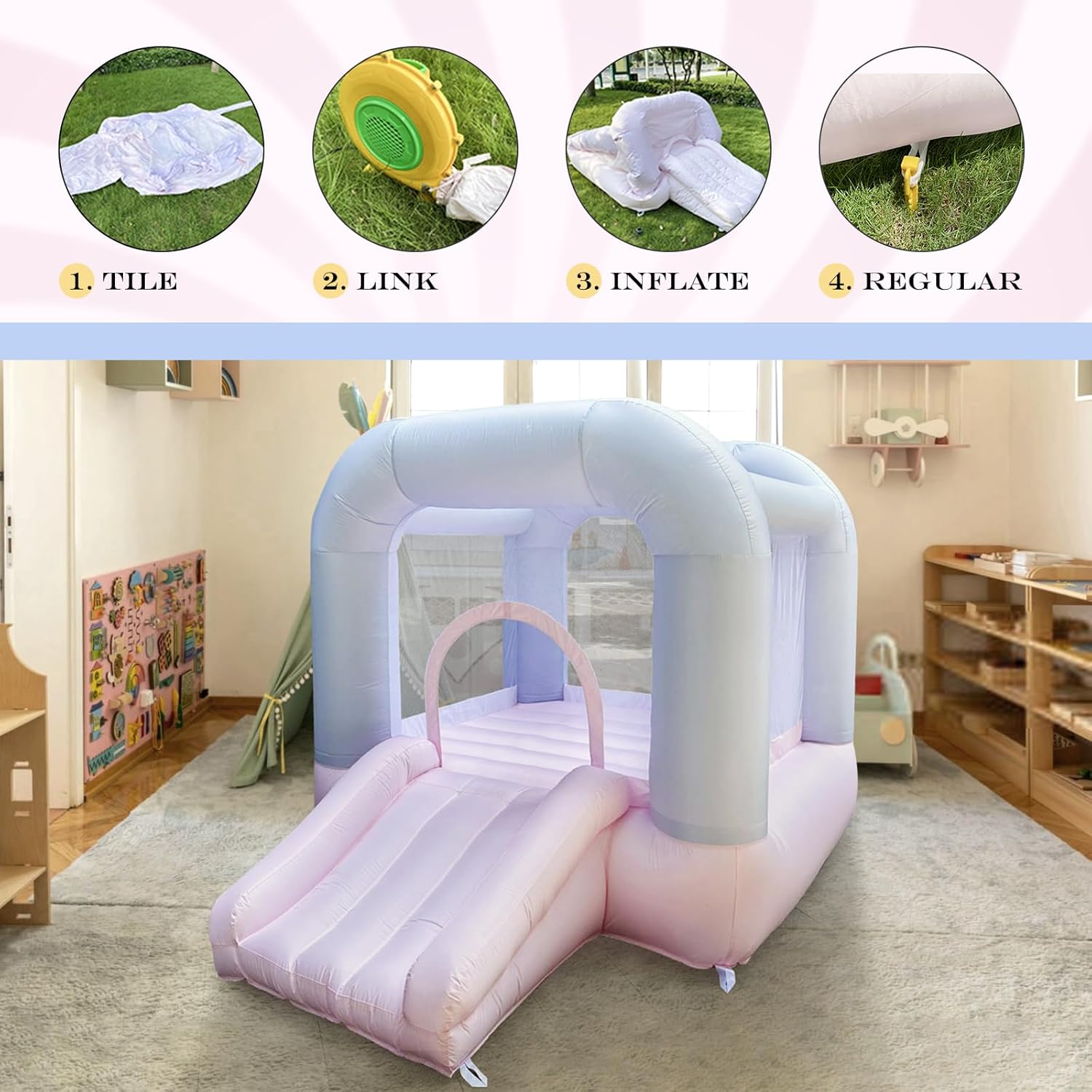 9FT Kids Bounce House with Safety Handrail for Toddlers 2-6, Foldable Indoor/Outdoor Jumper for Backyard & Playroom, Encourages Active Play & Balance Development (Pink+Purple)