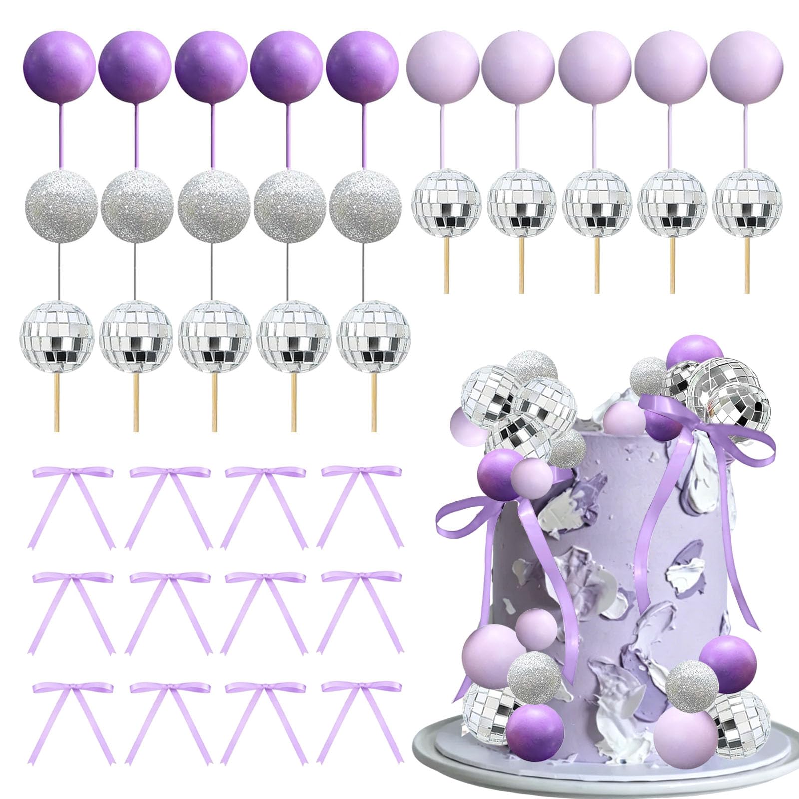 Disco Ball Cake Decor, 37PCS Singer Stars Purple Bow Balls Cake Supplies, Ball Cake Topper Decorations, Disco Ball Cake Decoration, Purple Balls Cake Topper for Birthday Party Decoratio