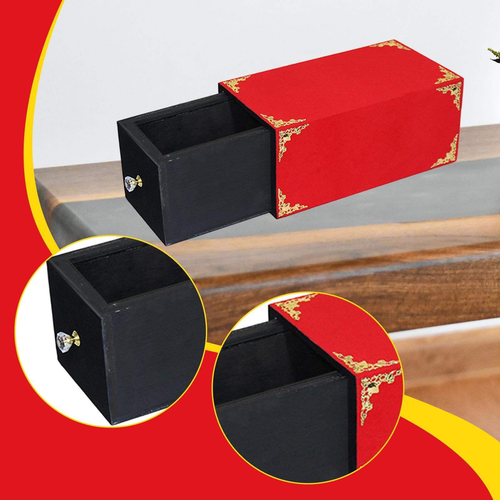 Scatola con Cassetto in Legno per Trucchi e Illusioni Ottiche, Contenitore Vuoto per Magia, Strumento Regalo per Adulti e Bambini- Rosso 28x15x12.5cm