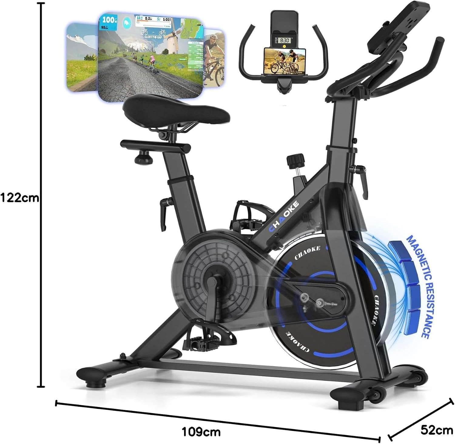 Diagram showing the dimensions of the CHAOKE 520A Exercise Bike: 109cm length, 52cm width, and 122cm height.