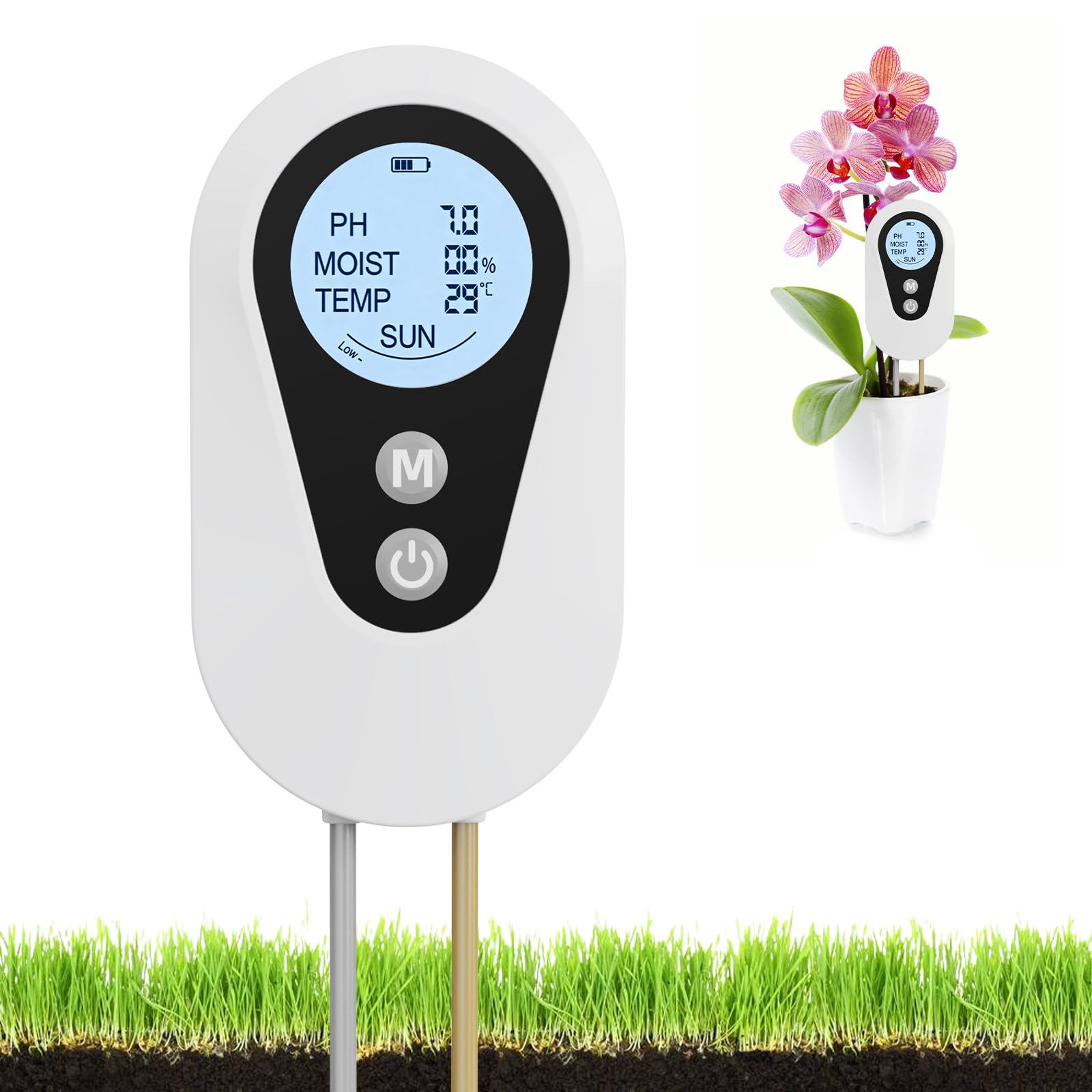 pH- und Feuchtigkeitsmessgerät 4‑in‑1 für Pflanzen – Bodenmessgerät für pH, Temperatur, Feuchtigkeit & Licht, ideal für 