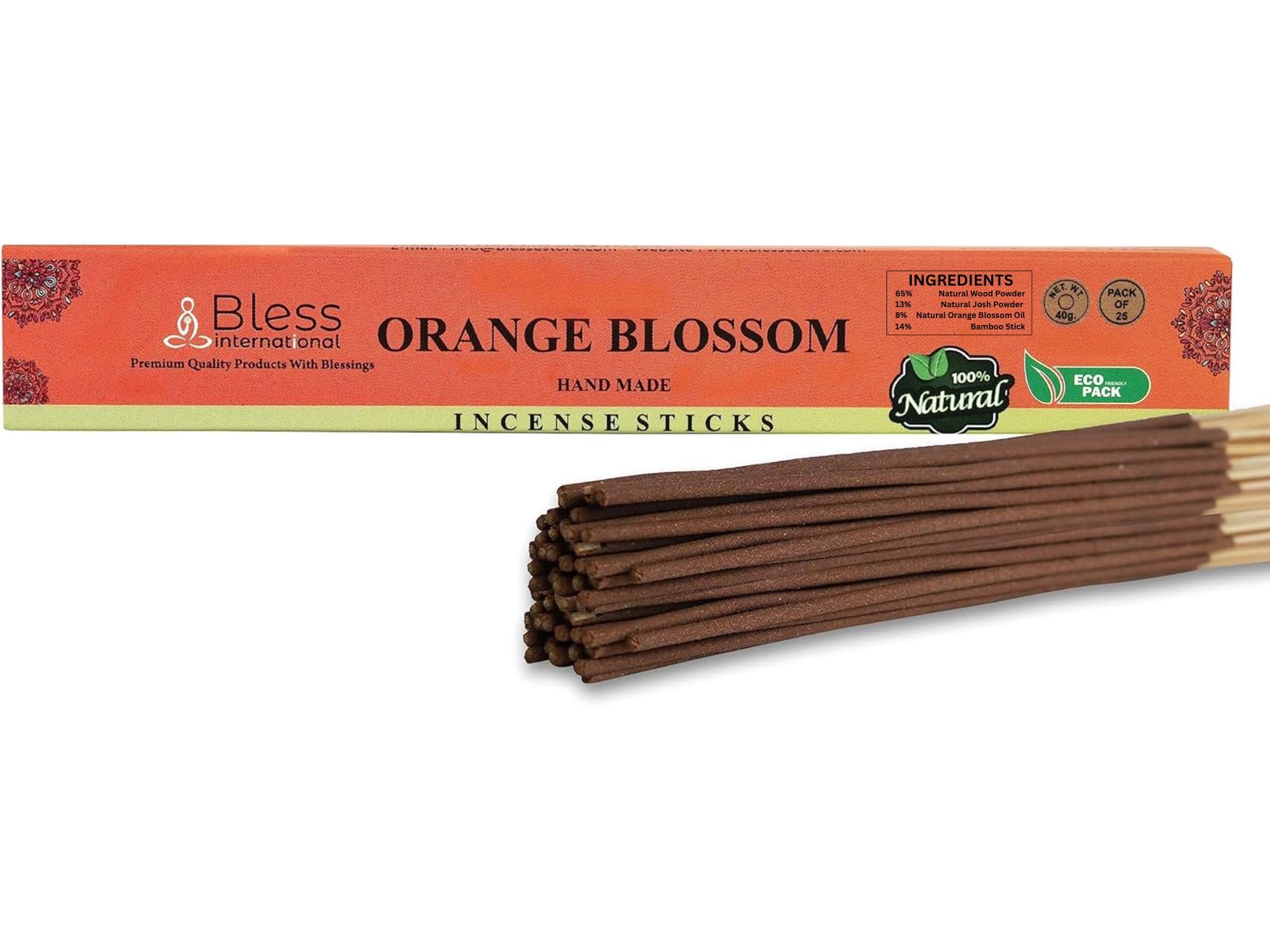 Bless-Orange-Blossom 100%-Natural-Handmade-Hand-Dipped-Incense-Sticks Organic-Chemicals-Charcoal-Free Purification-Relaxation-Positivity-Yoga-Meditation Best-Woods-Scent (25 Sticks (1.4 OZ))