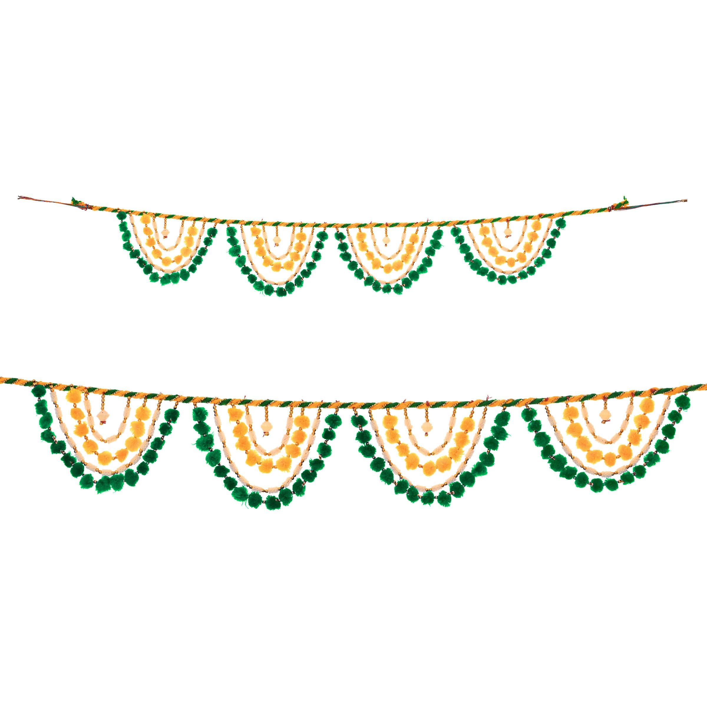 Guirlande Bandanwar verte et jaune avec pompons pour décoration murale
