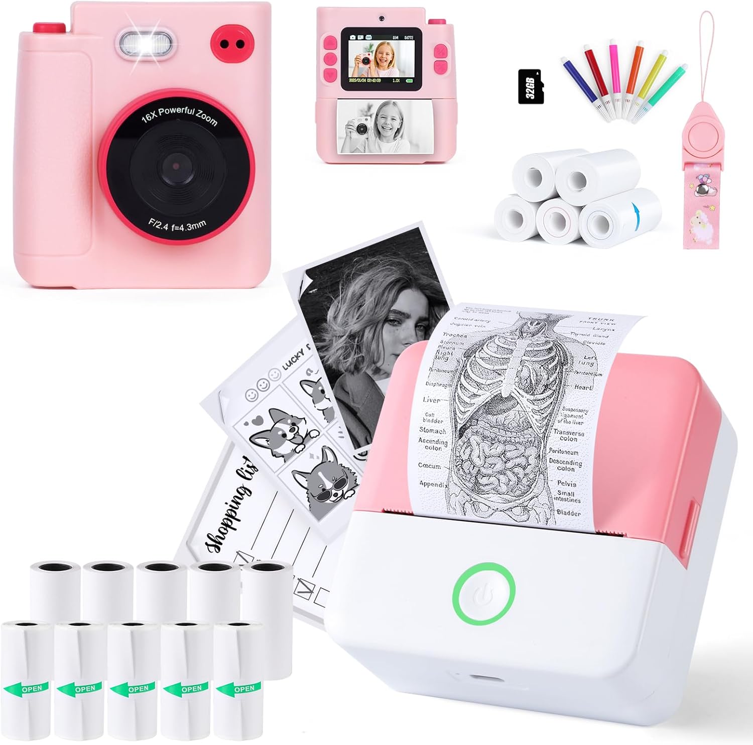 cudinham Print Pods X6 Mini Printer for Note with 10 Rolls Paper & X8D 1080P HD Dual-Lens Kids Camera Instant Print with 5 Rolls Paper and 32G TF Card