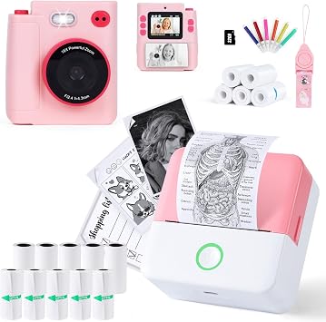 cudinham Print Pods X6 Mini Printer for Note with 10 Rolls Paper & X8D 1080P HD Dual-Lens Kids Camera Instant Print with 5 Rolls Paper and 32G TF Card