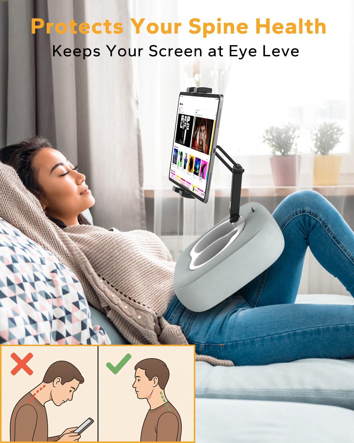 Tablet Pillow Stand, iPad Pillow Holder Compatible with 4.7"-13" Phone/Tablet, Kindle, Samsung, 360° Adjustable Tablet Holder for Bed, Lap, Sofa, with Soft Plush Fabric and Detachable Bowl, Gray