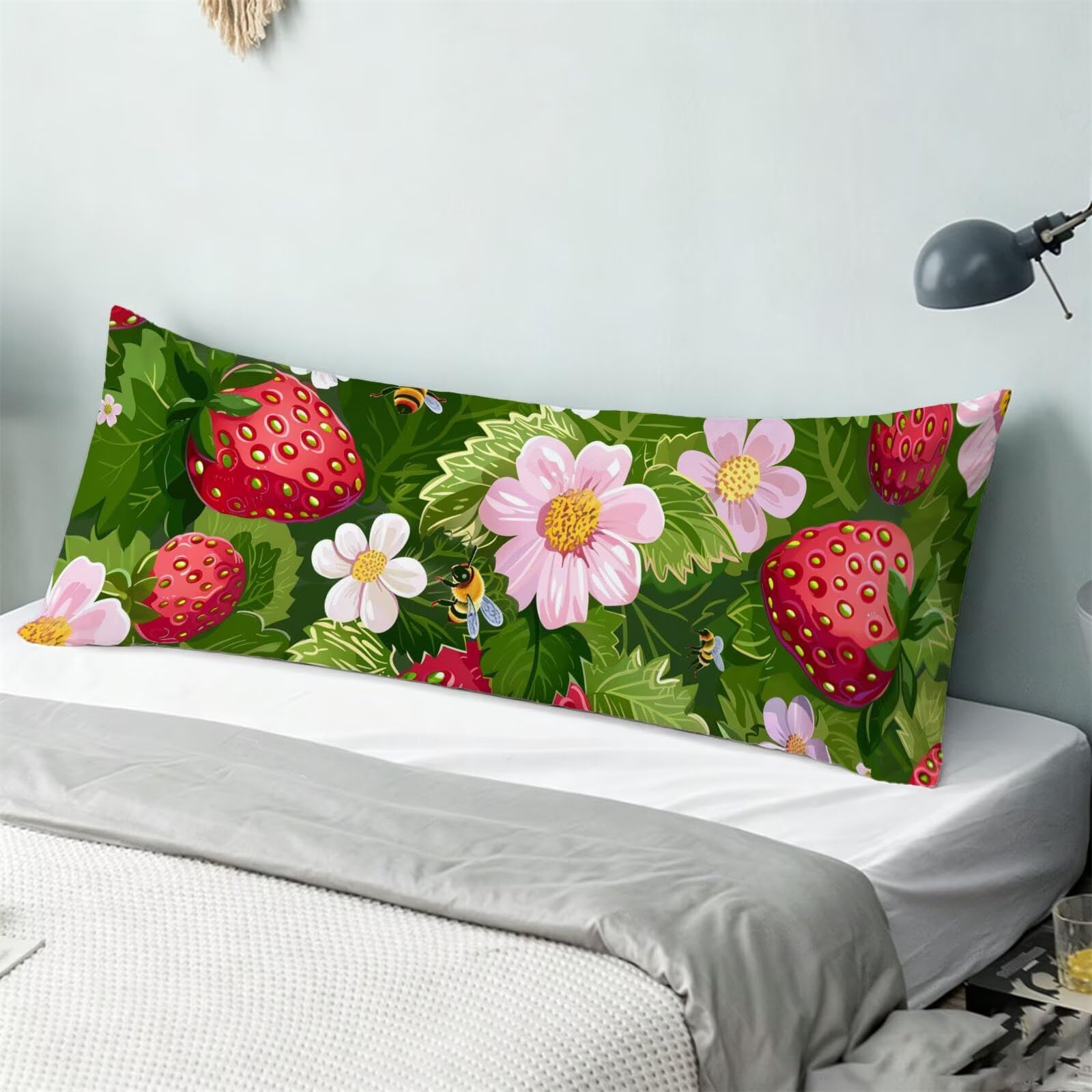 Funda de Almohada 60 x 180 cm Verde Protector Almohada 180 cm con Cremallera Invisible, Lino Durable y Transpirable Pillow Case Largas Fresa Impresión a Doble Cara para Cama, Sofá y Dormitorio dg-620