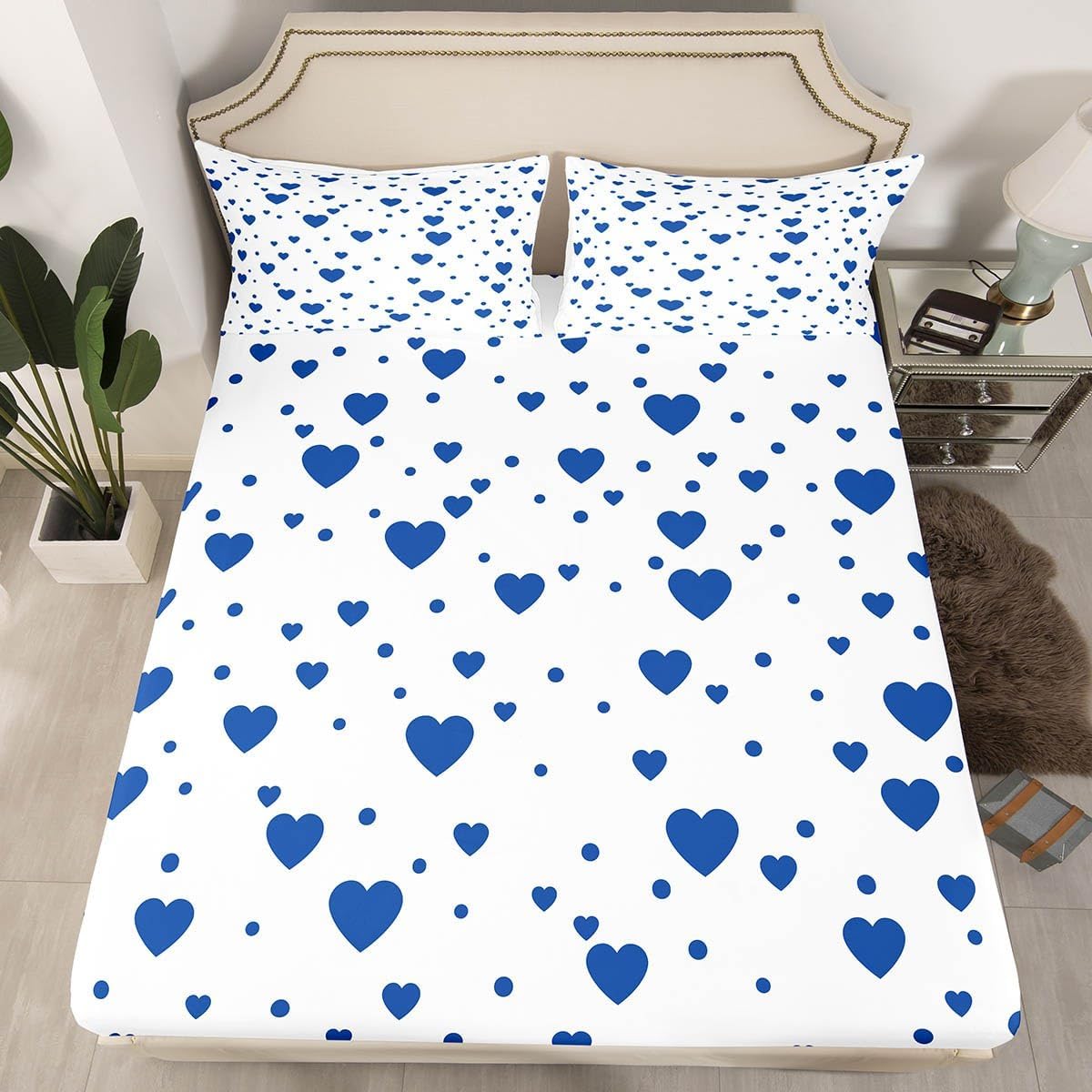Feelyou Cute Love Hearts Bedding Set Full/Queen, Blue & White, 3 Piece Set (1 Fitted Sheet & 2 Pillow Cases)