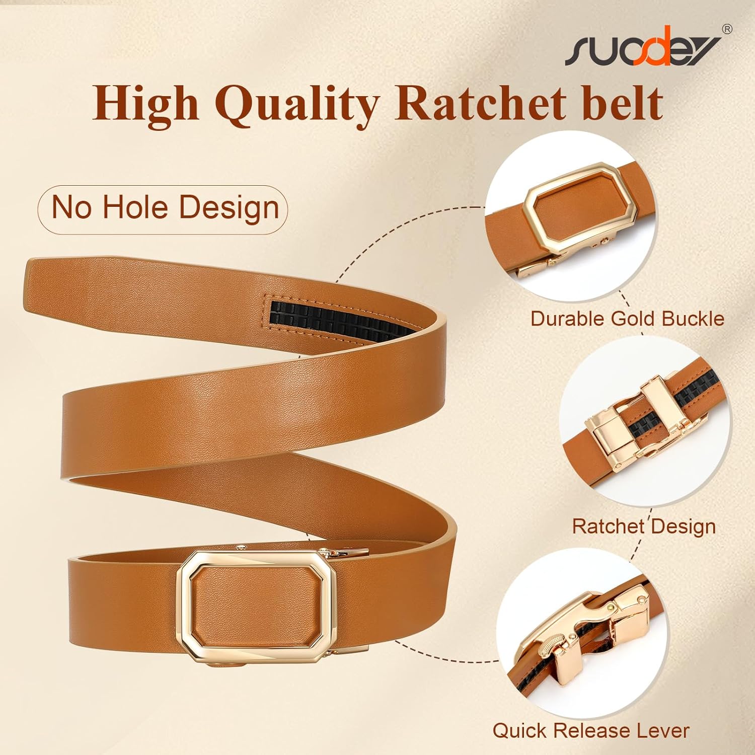 SUOSDEY Women Leather Ratchet Belt for Jeans Pants with Automatic Sliding Buckle, Adjustable Belt for Ladies, Width 1.2" - Image 3