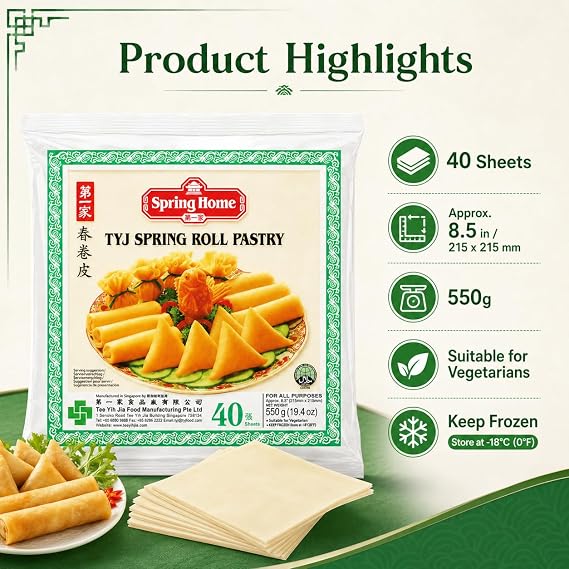 Spring Roll Pastry, 30/40 Sheets, Frozen Spring Home Tyj Spring Roll Pastry 550G (8.5 40 Sheets [Pack of 1])