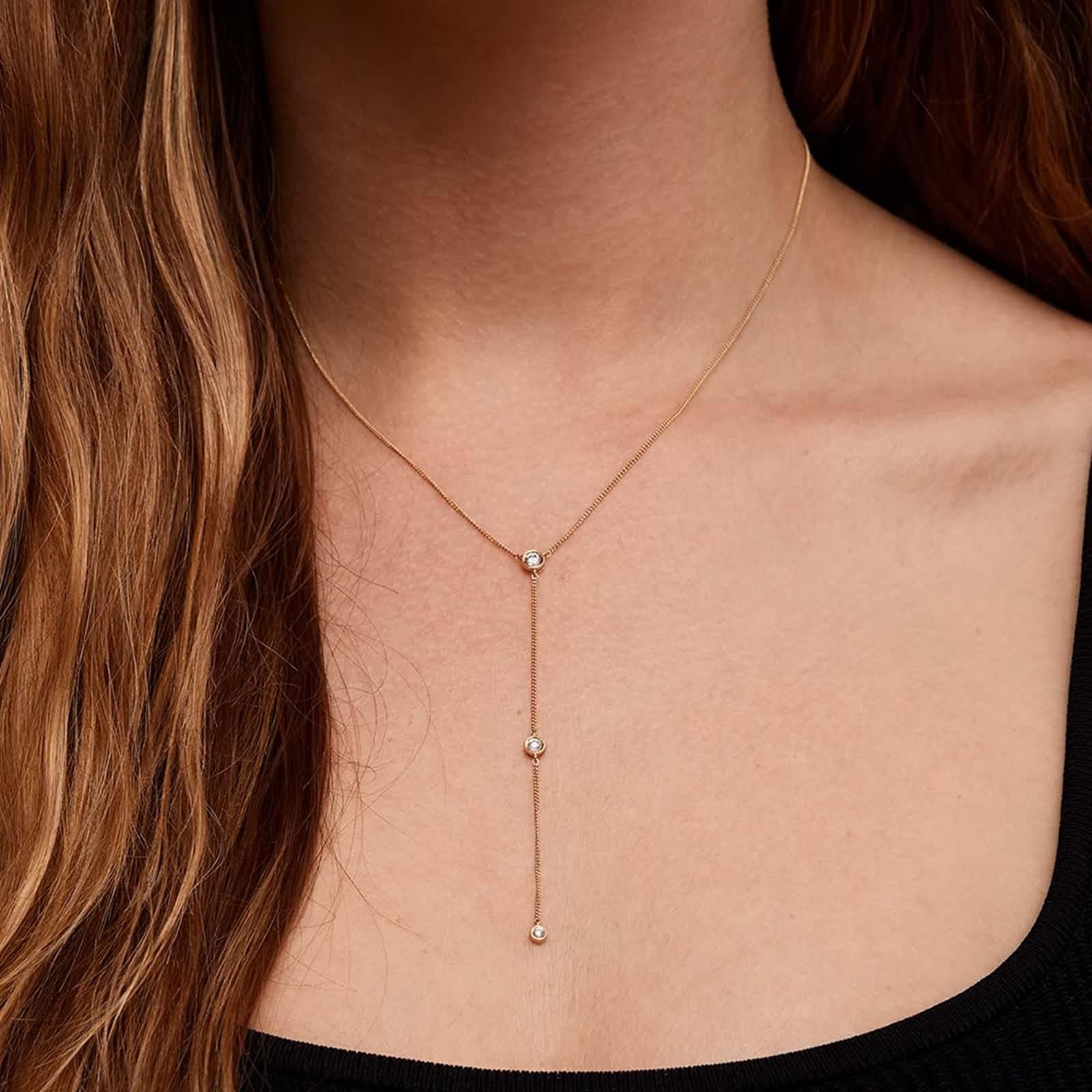 Halskette Gold Damen, Halskette Lang Elegant Weiß Im Labor Hergestellter Diamant Anhänger Kette Echtschmuck 9K/14K/18K Gelbgold Y-Halskette