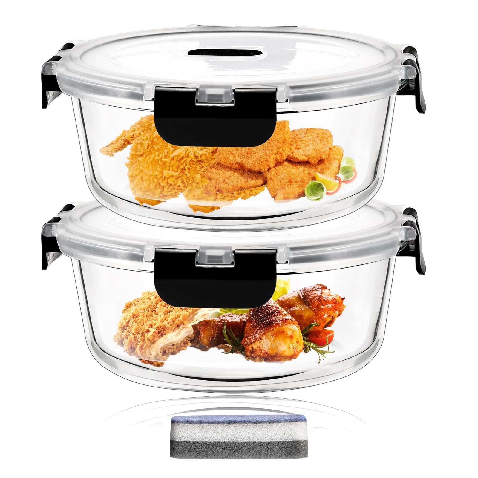 Hcrvvi Food Storage Containers Set - Glass Containers with Lids 2 Pcs, Air Tight Lock Food Container, Glass Containers 620ml, with Upgraded Snap Locking Lids, BPA Free, Meal Prep Containers Reusable