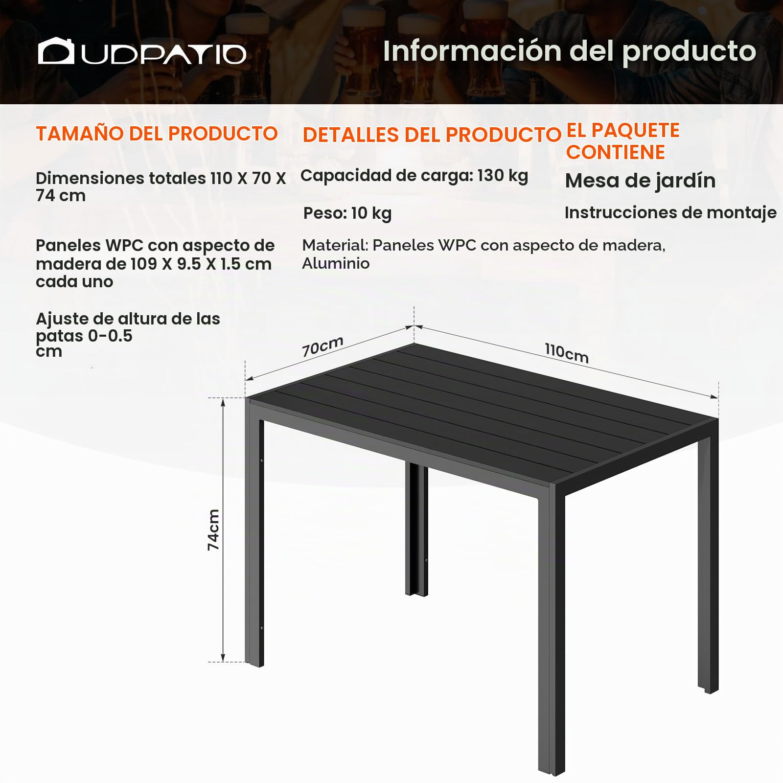 UDPATIO Mesa de Comedor de Jardín, 110x70x74 cm Mesa de Jardín de Aluminio, Mesa Rectangular de WPC con Vetas de Madera, Resistente a la Intemperie para Terraza y Balcón - Gris Oscuro+ Negro