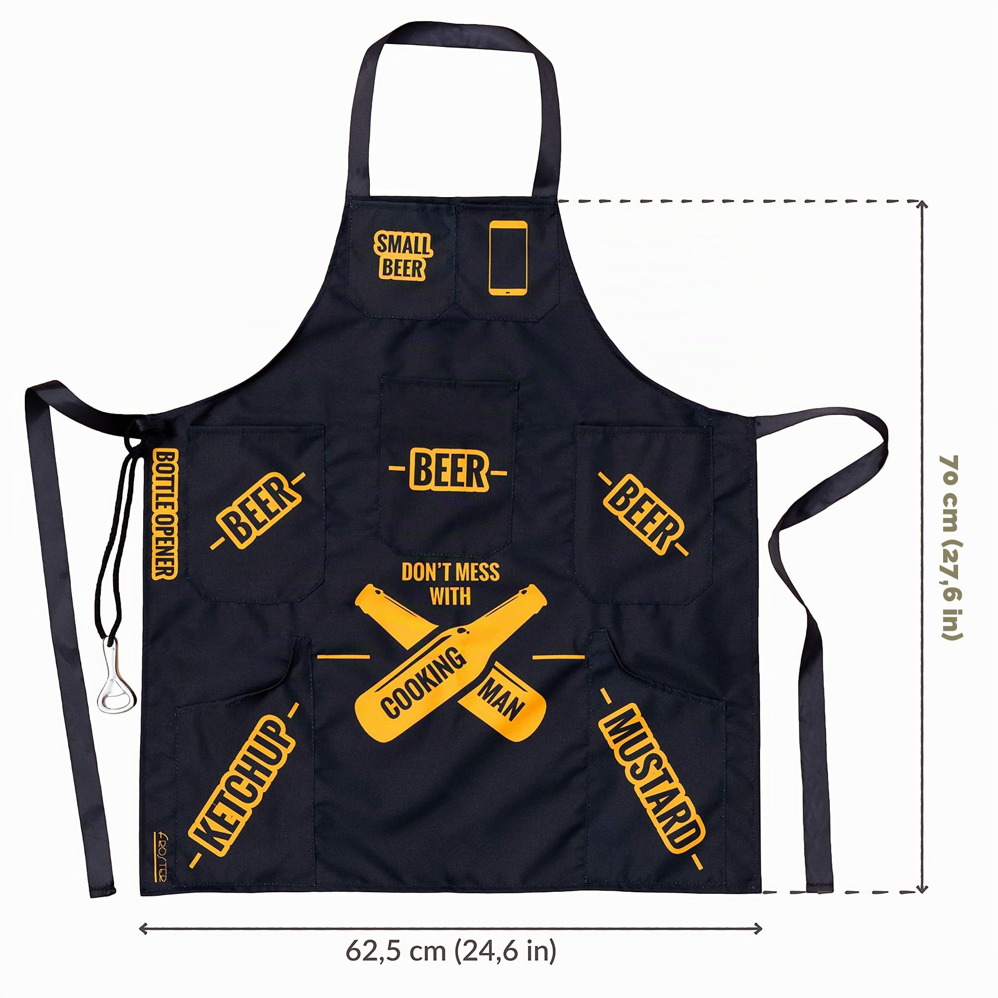 Froster Delantal para Hombres que Cocinan, para Barbacoas, 7 Bolsillos para Cerveza, Mostaza, Kétchup, Abridor, Delantal de Cocina, Impermeable
