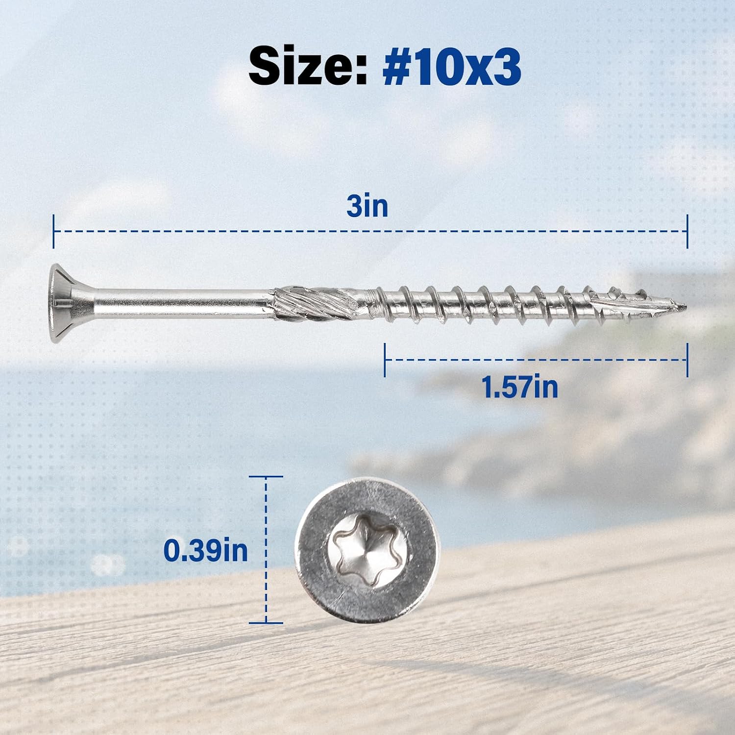 Craedli #10 x 3 316 Stainless Steel Wood Screws with Knurled Shank, T25 Torx Flat Head Type 17 Point, Corrosion Resistant for Decks, Railings &Coastal Construction (100 Pcs, T25 Bit Included)