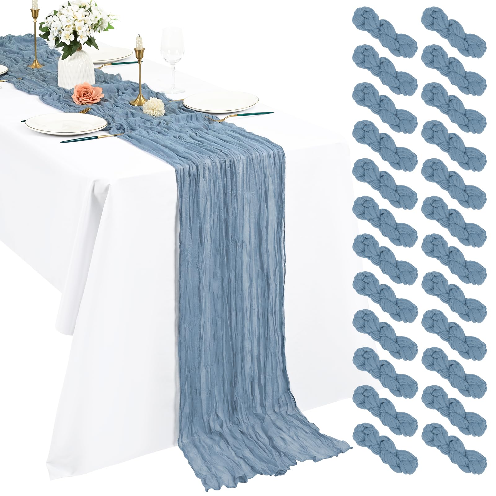 Pesonlook 24er Set Gaze-Tischläufer für Hochzeiten, 55 x 300 cm, Staubblau