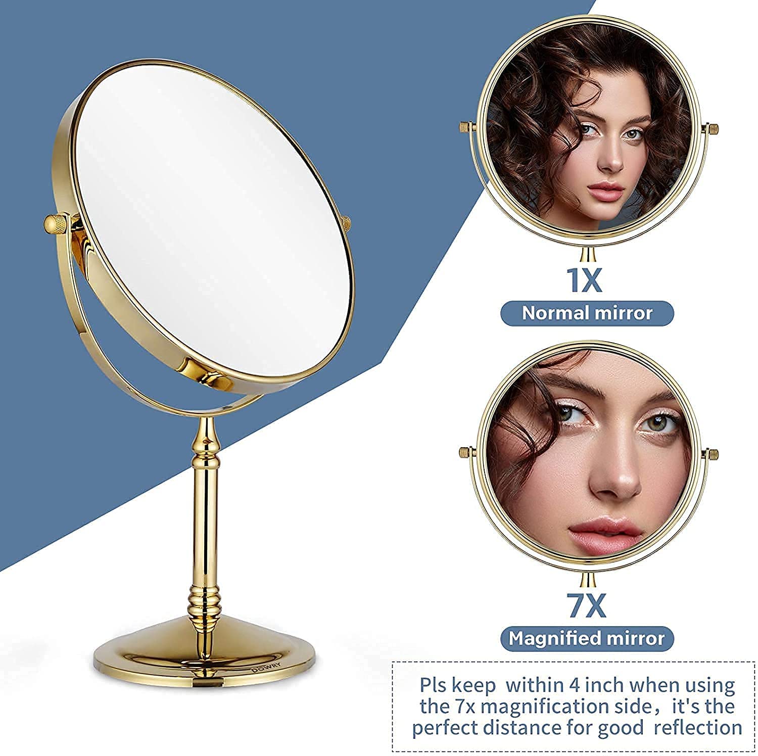 DOWRY Espejo de Maquillaje Dorado Con Aumento 7X - Cosmético de Mesa 8 Pulgadas, Afeitado de Pie, Doble Cara