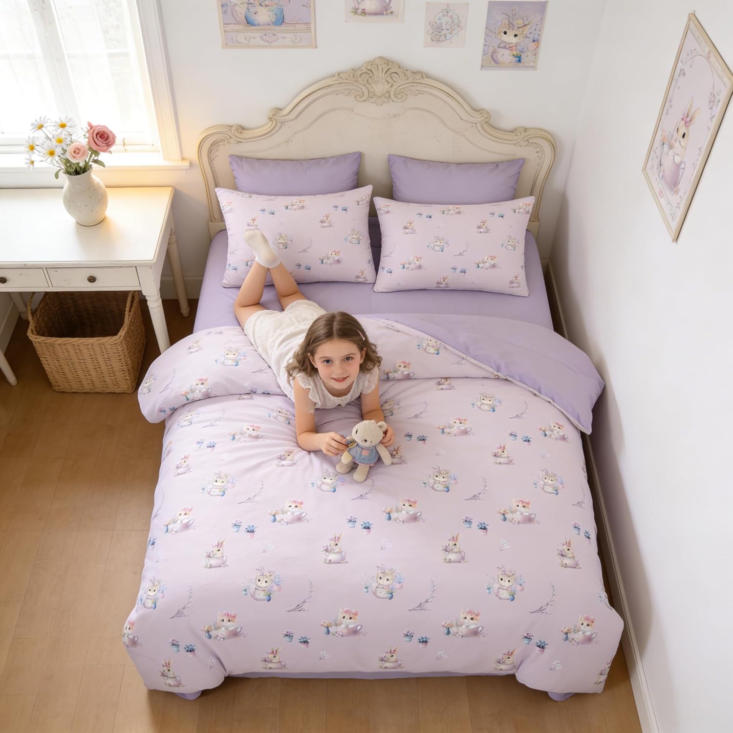 CCoutueChen Taro Purple Kids Duvet Cover Twin for Girls, 2Pcs Botanical Floral Bedding for Kids Kawaii Bedroom Decor, Cute Priness Girly Cat Kitten Comforter Cover with 1 Pillowcase, 68"x86"