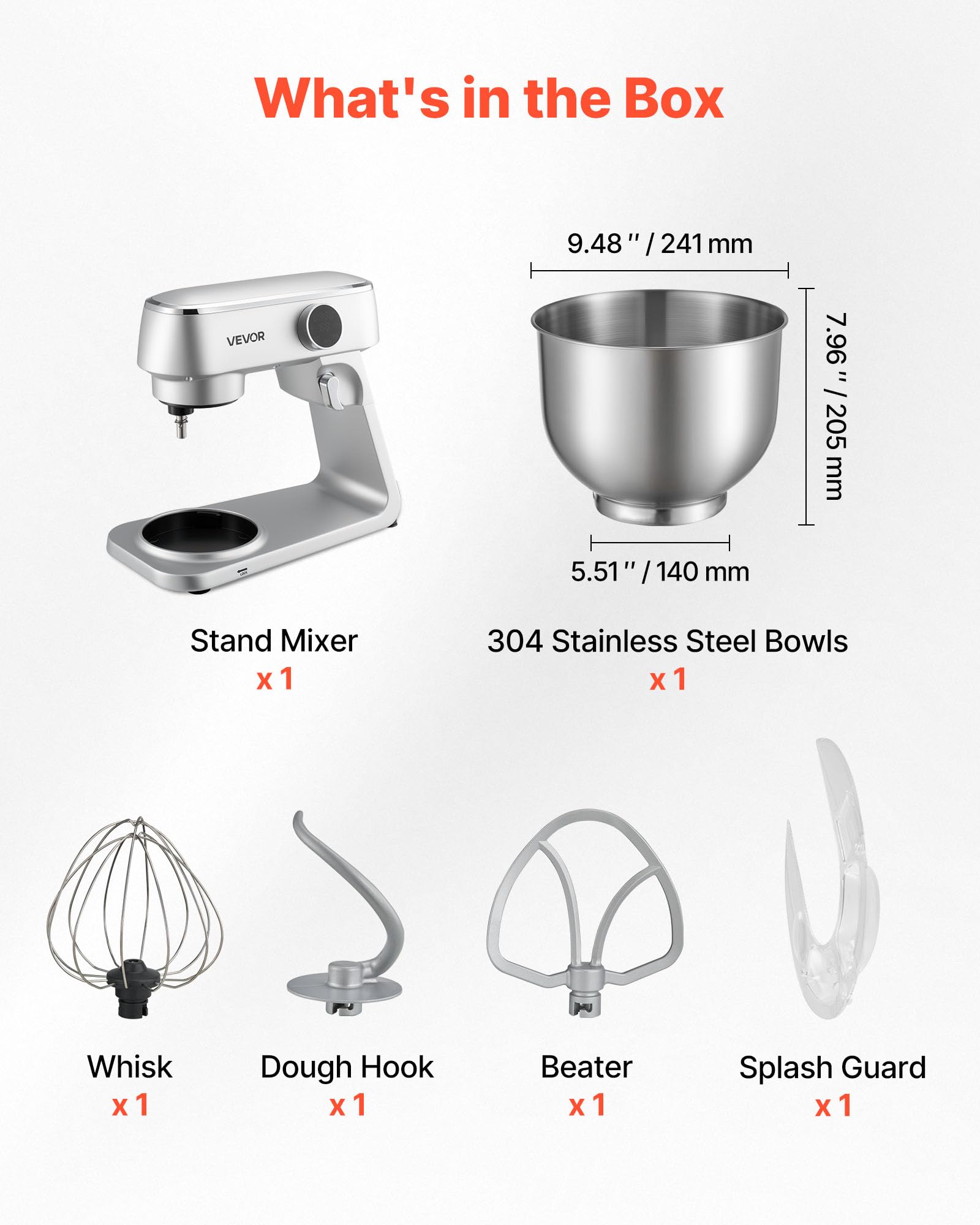 VEVOR Batidora de Pie, 1800 W, Bol de Acero Inoxidable, 7,4 L, Gancho para Amasar, Batidor y Varillas, 10 Velocidades, Inclinación Ajustable, 411 x 253 x 342 mm, a Mezclar Crema, Verduras y Masa