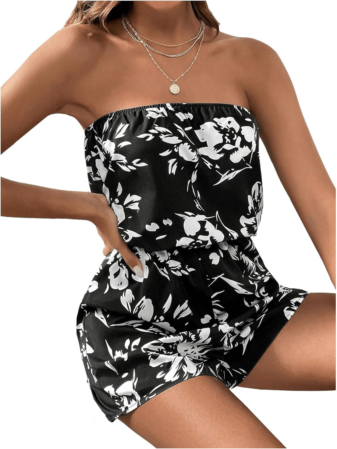 SOLY HUX Women's Floral Print Strapless Sleeveless Tube Romper Summer Short Jumpsuit - Image 5