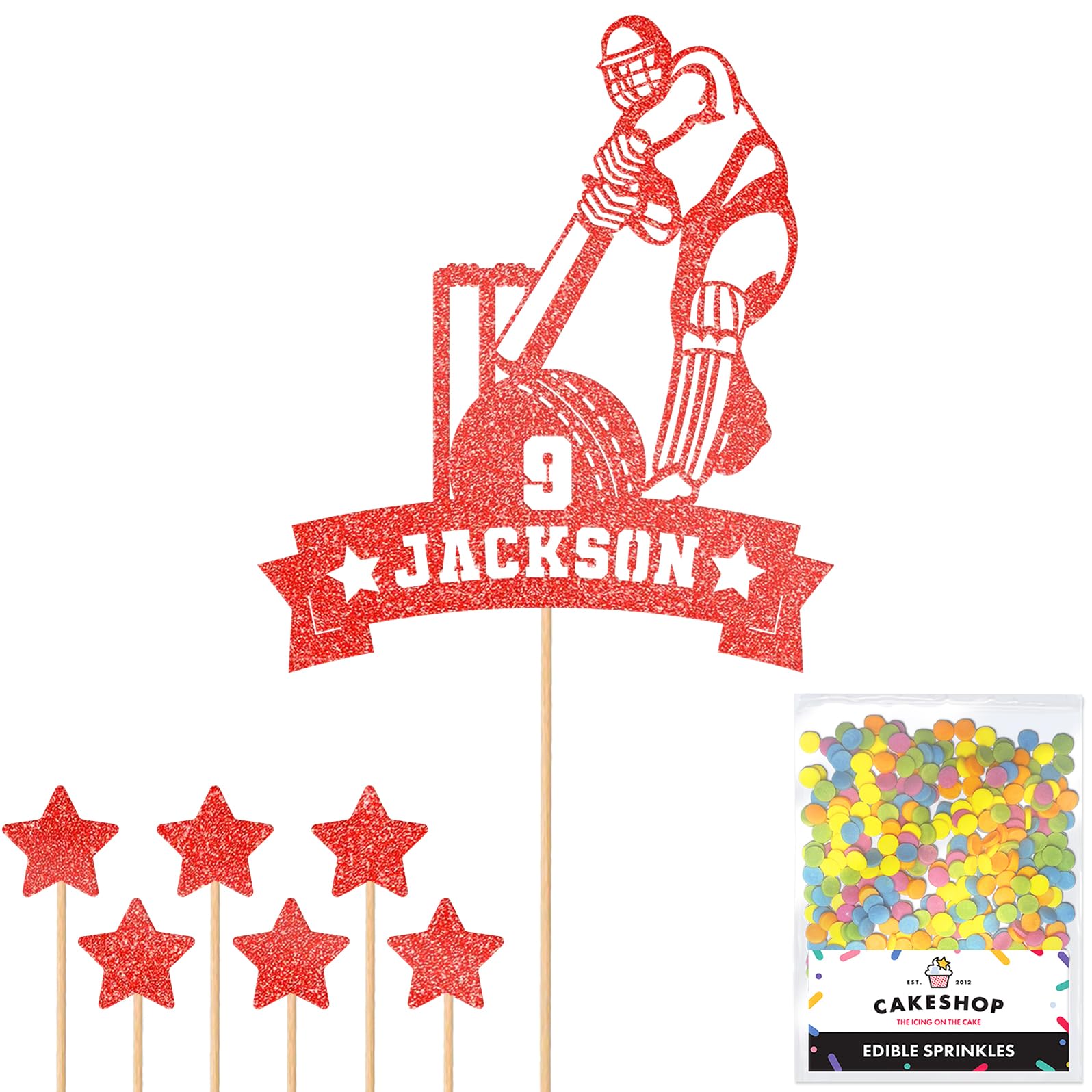 Personalised Cricket Wicket and Bat Glitter Cake Topper - Red Any Custom Age & Name Glitter Cake Decoration and Sprinkles - Happy Birthday Decorations - Personalised Toppers for Cakes by Cakeshop