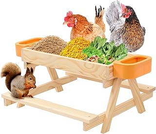 Chicken Feeders with Picnic Table, 1 Chicken Feeder No Waste Kit and 2 Water Feeder, Handmade Wooden Chicken Coop Accessories, Feeding Equipment Suitable for Chickens, Ducks, and Squirrels.
