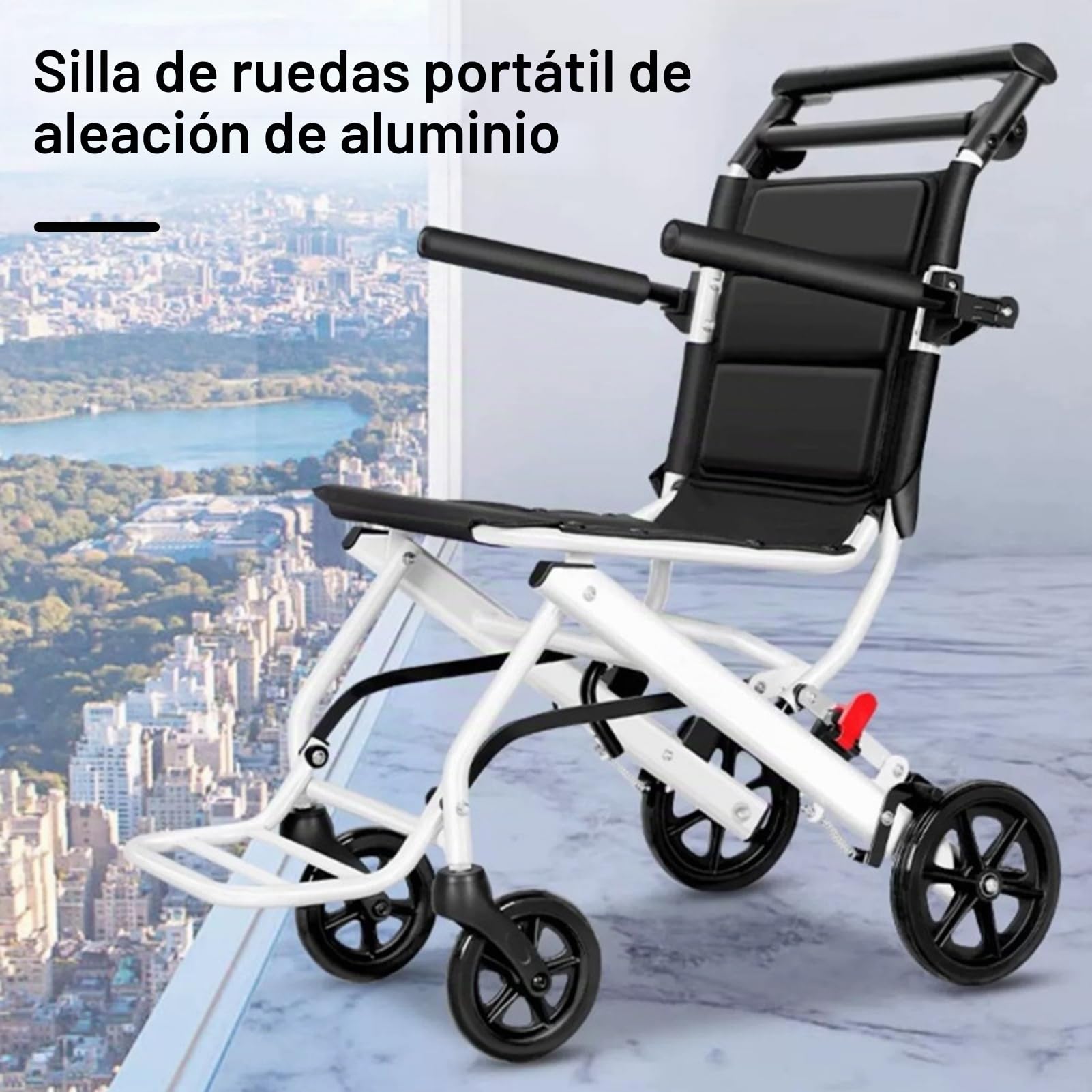 Silla de ruedas plegable, silla de ruedas portátil ligera con reposabrazos abatibles de 270° y reposapiés extraíble, silla de viaje ergonómica con correa de seguridad ajustable para adultos y