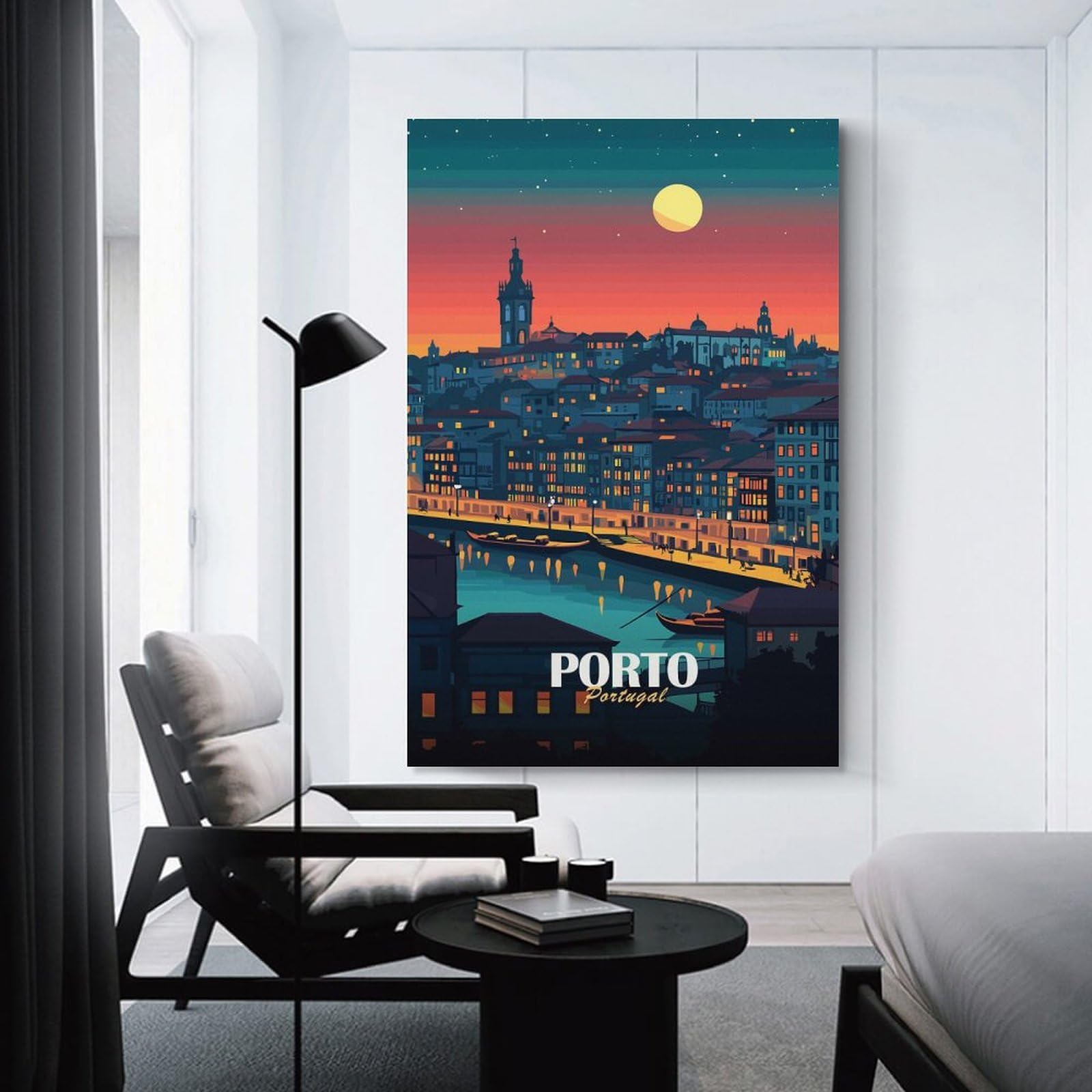 Junmoney Canvas Art Print Porto, Portugal at Night, 24x36inch(60x90cm), for Office, Study Or Home Workspace, Home Office Artwork with Decorative Appeal