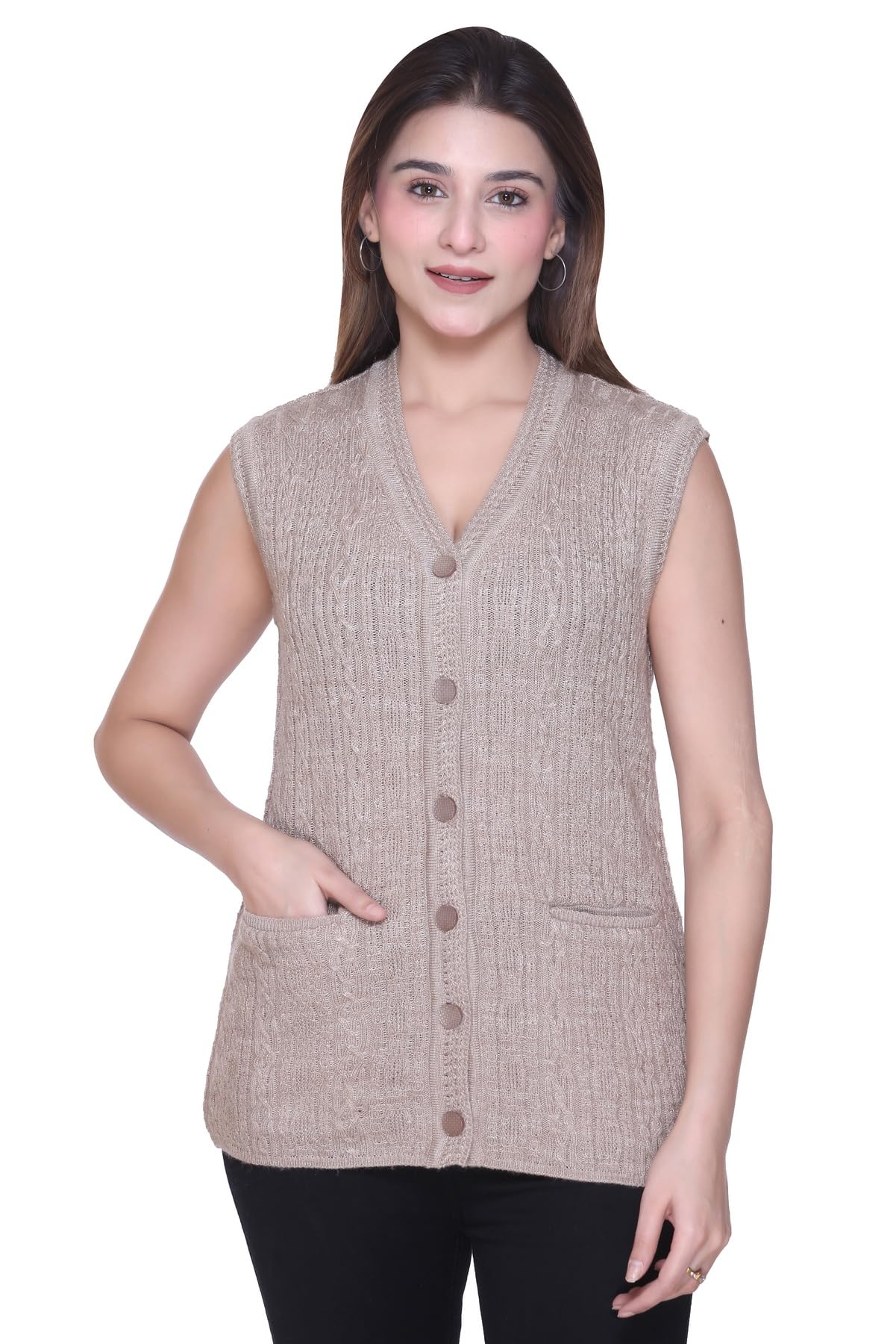 Self Design Sleeveless V Neck Woollen Cardigan for Women with Front Pockets