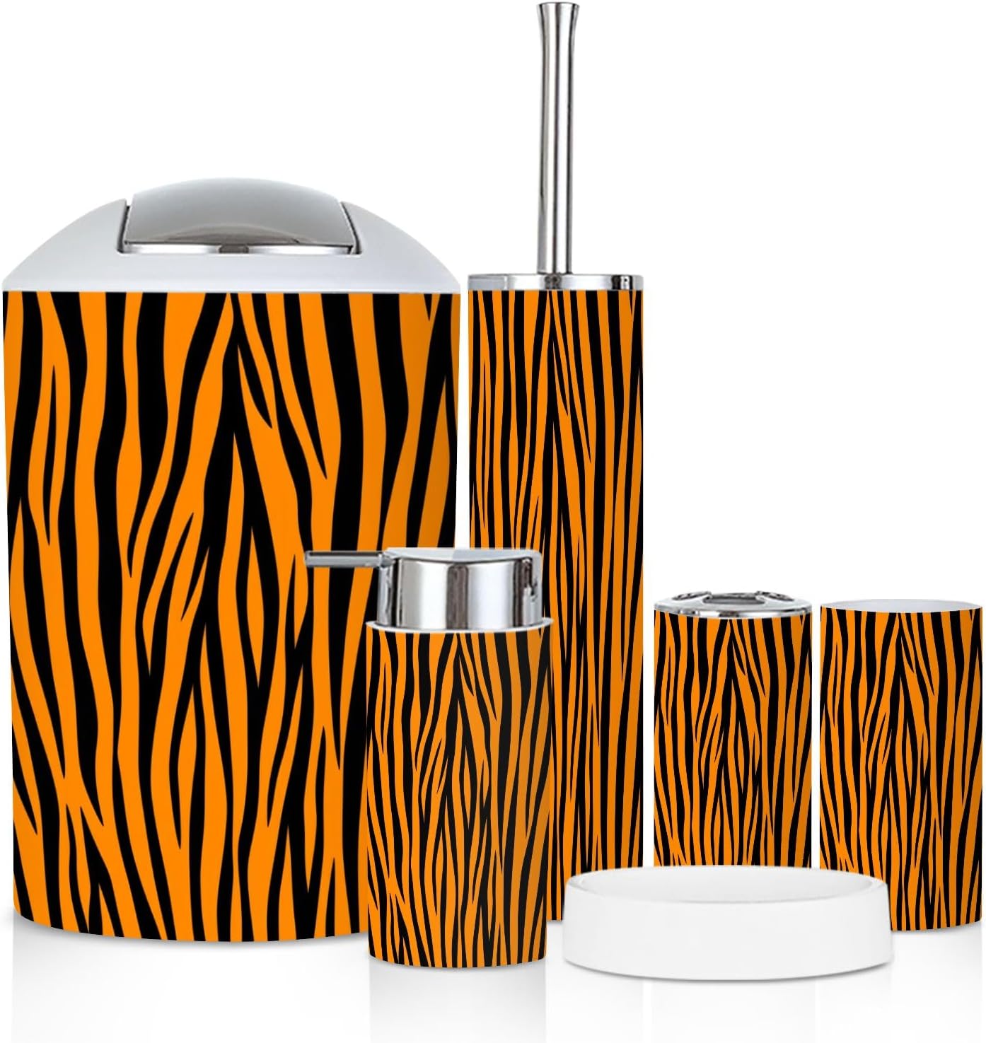 Bathroom Accessory Set 6PCS Animal Skin Tiger Stripes Abstract line Zebra Print Fabric Amazing Trash Can, Soap Dispenser, Toothbrush Holder, Toothbrush Cup, Toilet Brush Holder, Soap Dish for Gifts