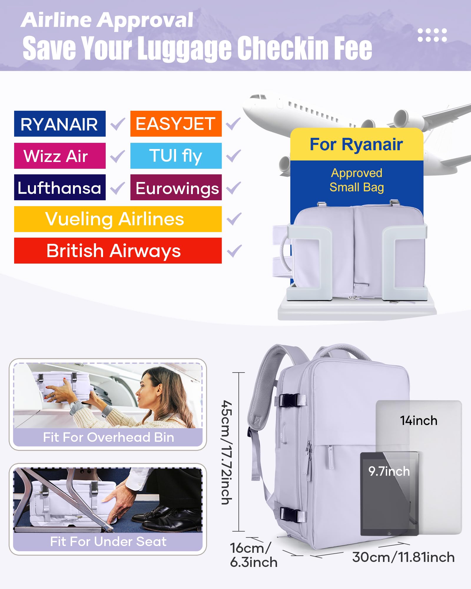 SZLX Zaino Ryanair 40x30x20 Sottovuoto Zaino da Viaggio 40x30x20 Wizzair Bagaglio a Mano 40x20x25 Borse da Cabina per Easyjet 45x36x20 Donna con USB Adatto a PC da 14 Pollici, Valigia con Sottovuoto