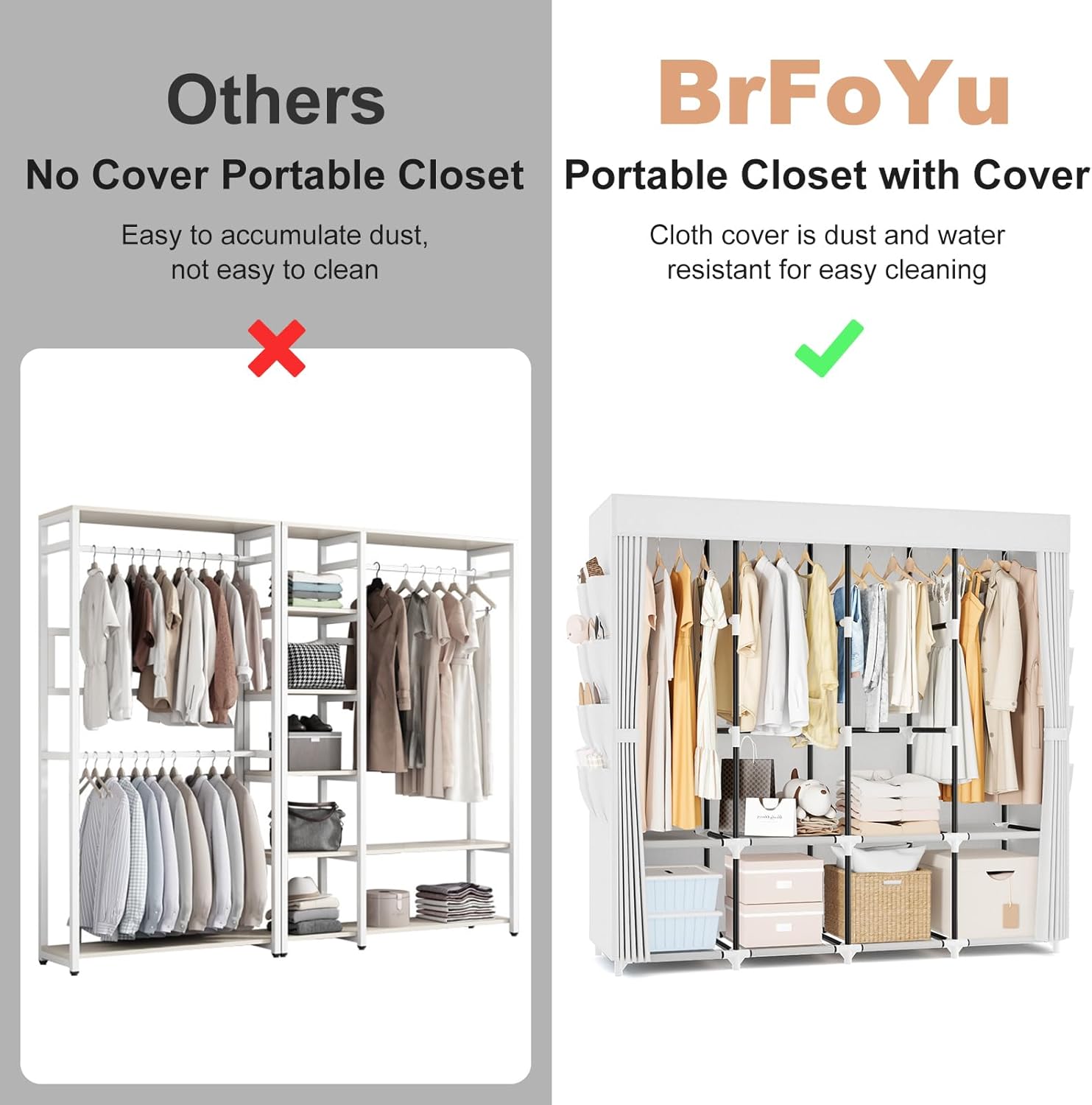 Portable Closet for Hanging Clothes, 67 Inch Wide Portable Wardrobe Closet with Cover, 4 Hanging Rod, Storage Shelves and Side Pockets, Large Free Standing Closet for Bedroom, White