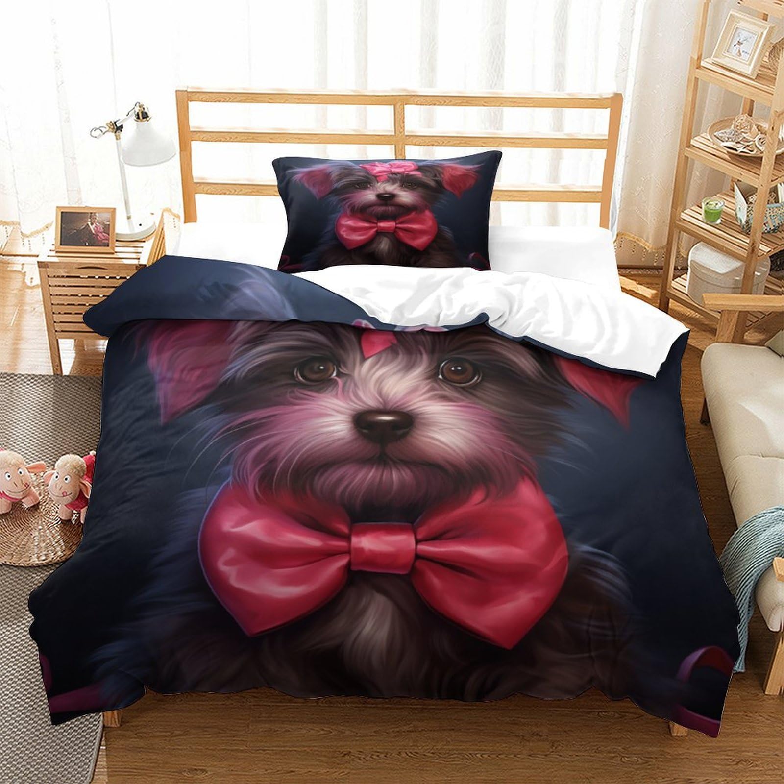 P1S9U7W5Y Cute Bowknot Dog 3D Printed Duvet Cover Set 3 Pieces Microfiber Bedroom Decor Animal Bedding Set Soft Breathable for Teens Adults Single（135x200cm）