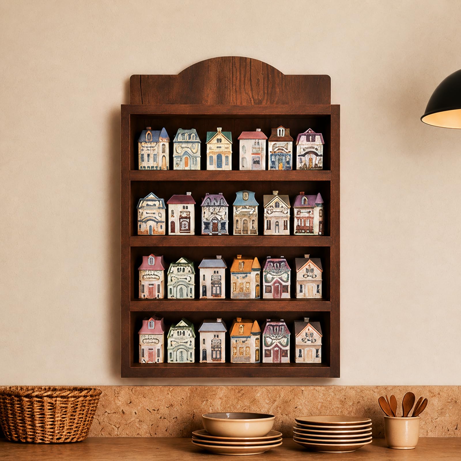 Vintage-Gewürzregal, Wandmontage, 4 Etagen, Holz, Gewürz-Organizer, Regal für 24 Gläser in Hausform, Bauernhaus-Küchendekoration, Ausstellungsregal, rustikales Braun