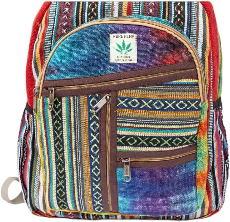 Hemp Backpack | 100% Pure Hemp - All Natural Handmade Multi Pocket Large Laptop Backpack | Travel Backpack - for Women and Men | Laptop Sleeve -Water Bottle Pockets | Boho Hippie - Rainbow
