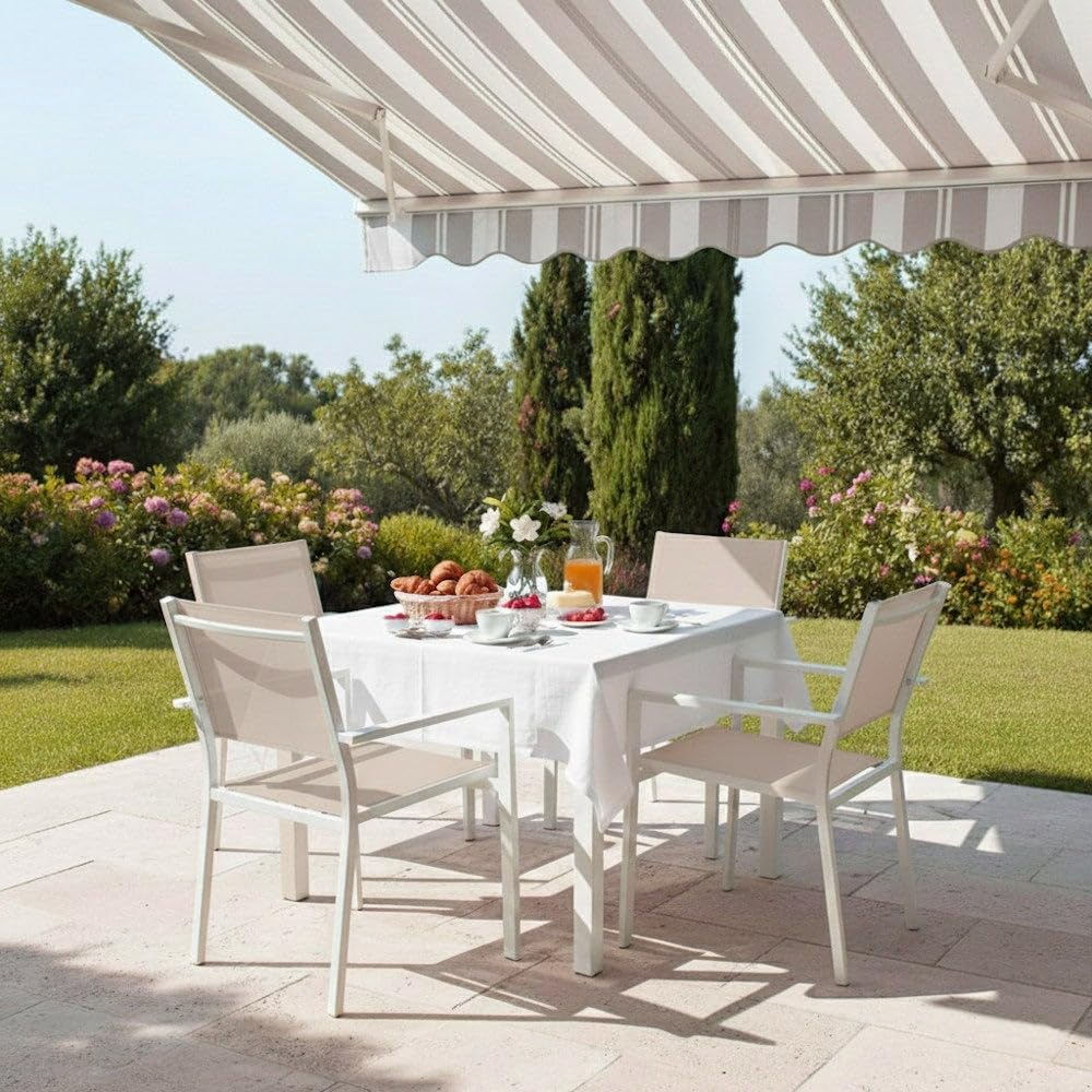 LOLAhome Set de 2 Sillas Thais de Aluminio Blanco y Textileno Beige, Elegantes, Apilables, Ligeras y Resistentes, Tratamiento anticorrosión para Exteriores, de 56x56x86 cm