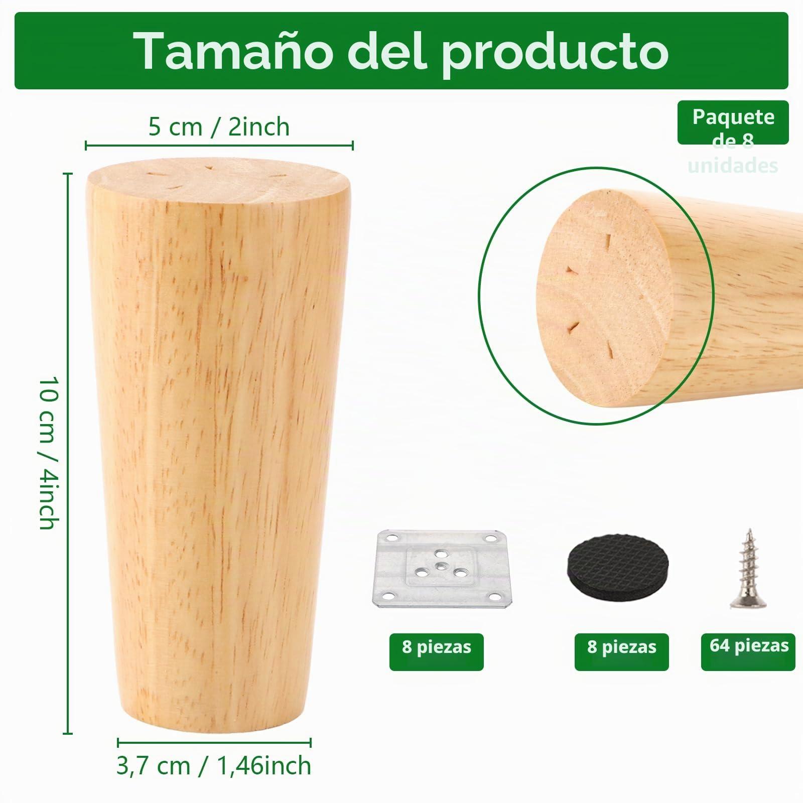 AKOLAFE 8 Piezas Patas para Muebles Madera Roble 10 cm Rectas | Incluye Placas, Tornillos y Almohadillas Antideslizantes; para Sofá, Cama, Armario y Mesa