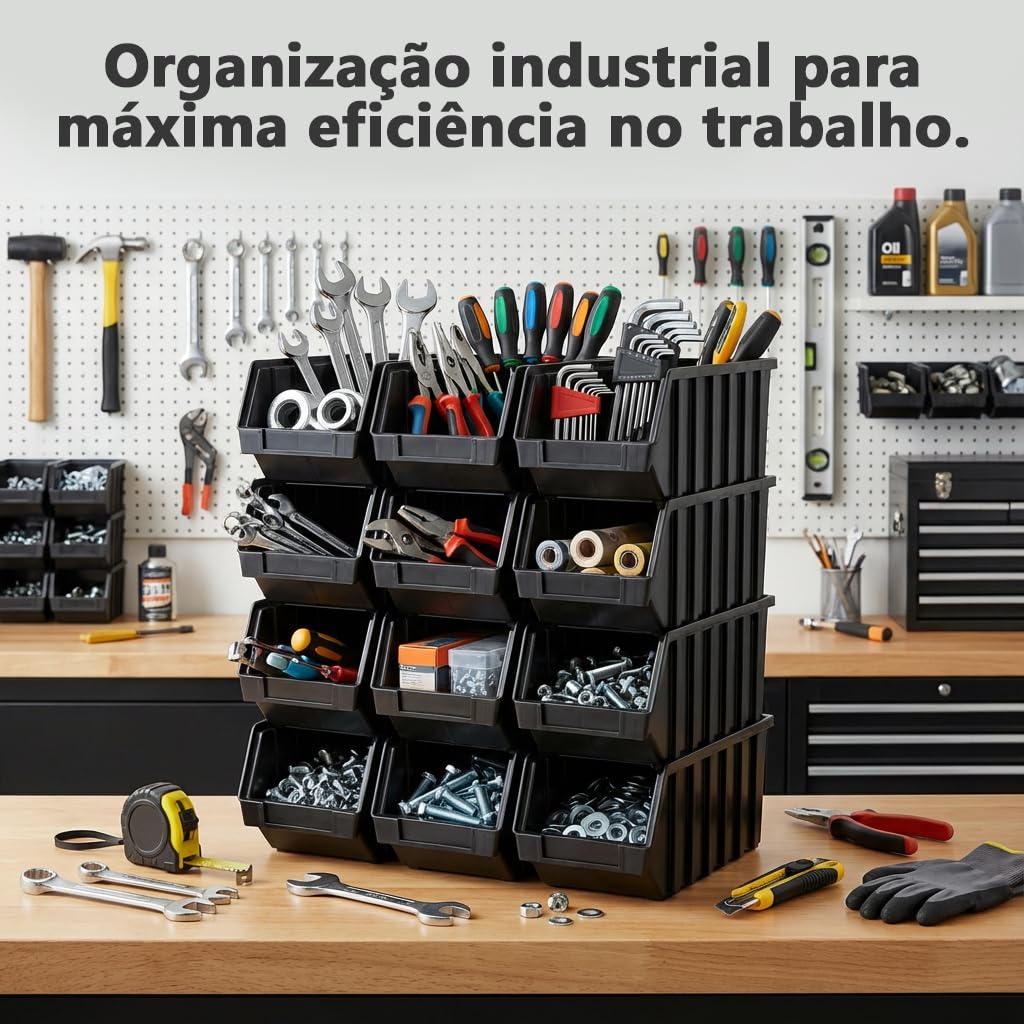 Kit Caixa Gaveta BIN N3 Organizadora Plástica Empilhável Preto e