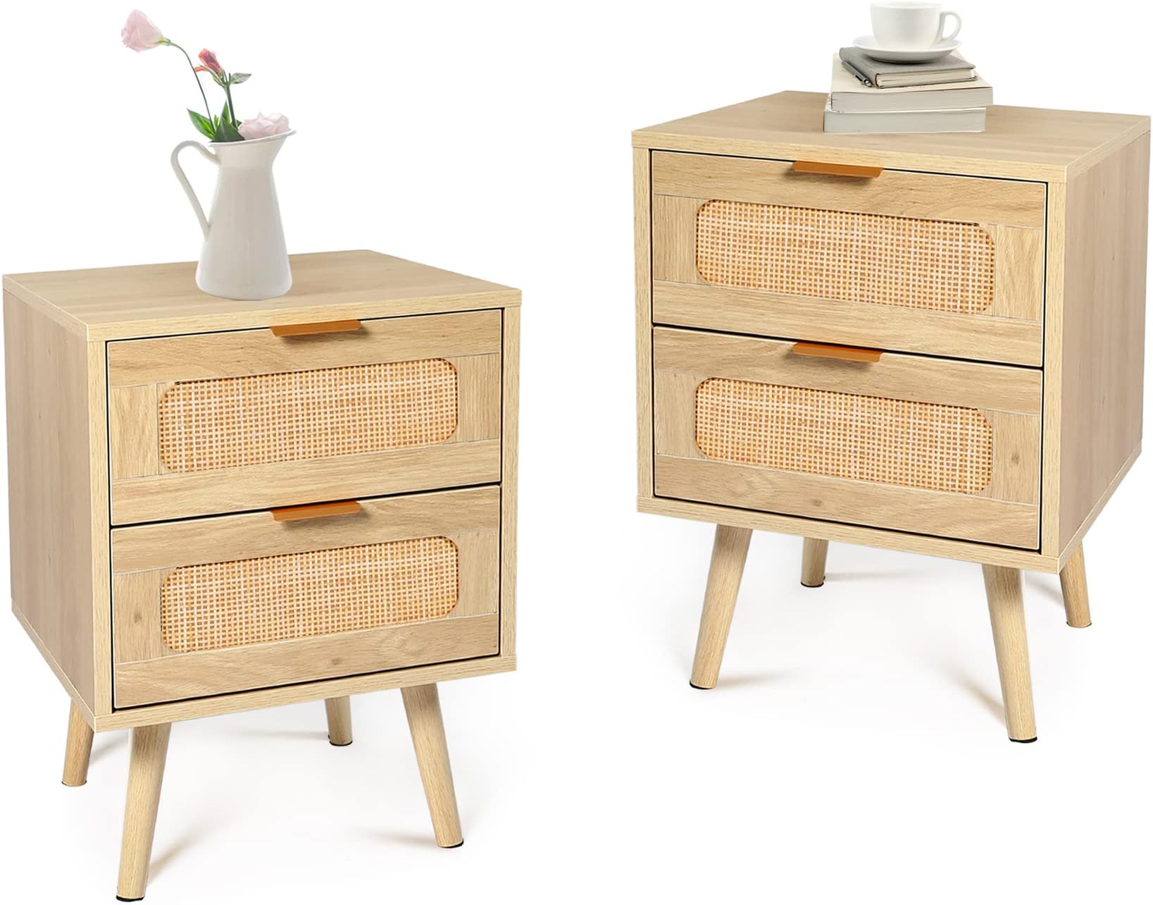 HOPUBUY Nightstands Set of 2 with Rattan Drawer, Modern Night Stand for Bedrooms, Wooden 2 Drawer Bedside Table Side Table for Small Place and Bedroom (Brown, 2 Drawers 2 Pack)