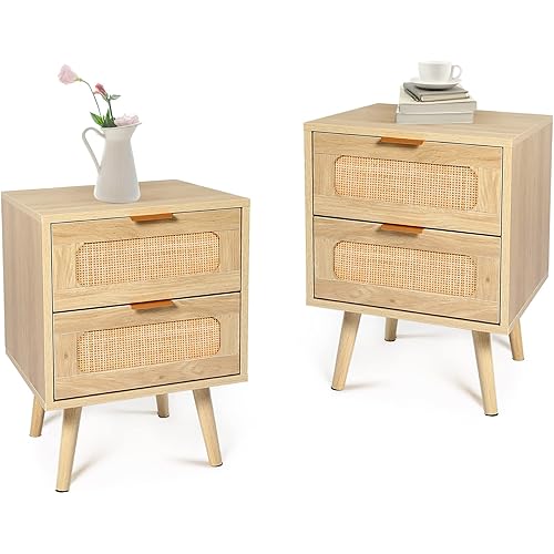 HOPUBUY Nightstands Set of 2 with Rattan Drawer, Modern Night Stand for Bedrooms, Wooden 2 Drawer Bedside Table Side Table for Small Place and Bedroom (Brown, 2 Drawers 2 Pack)