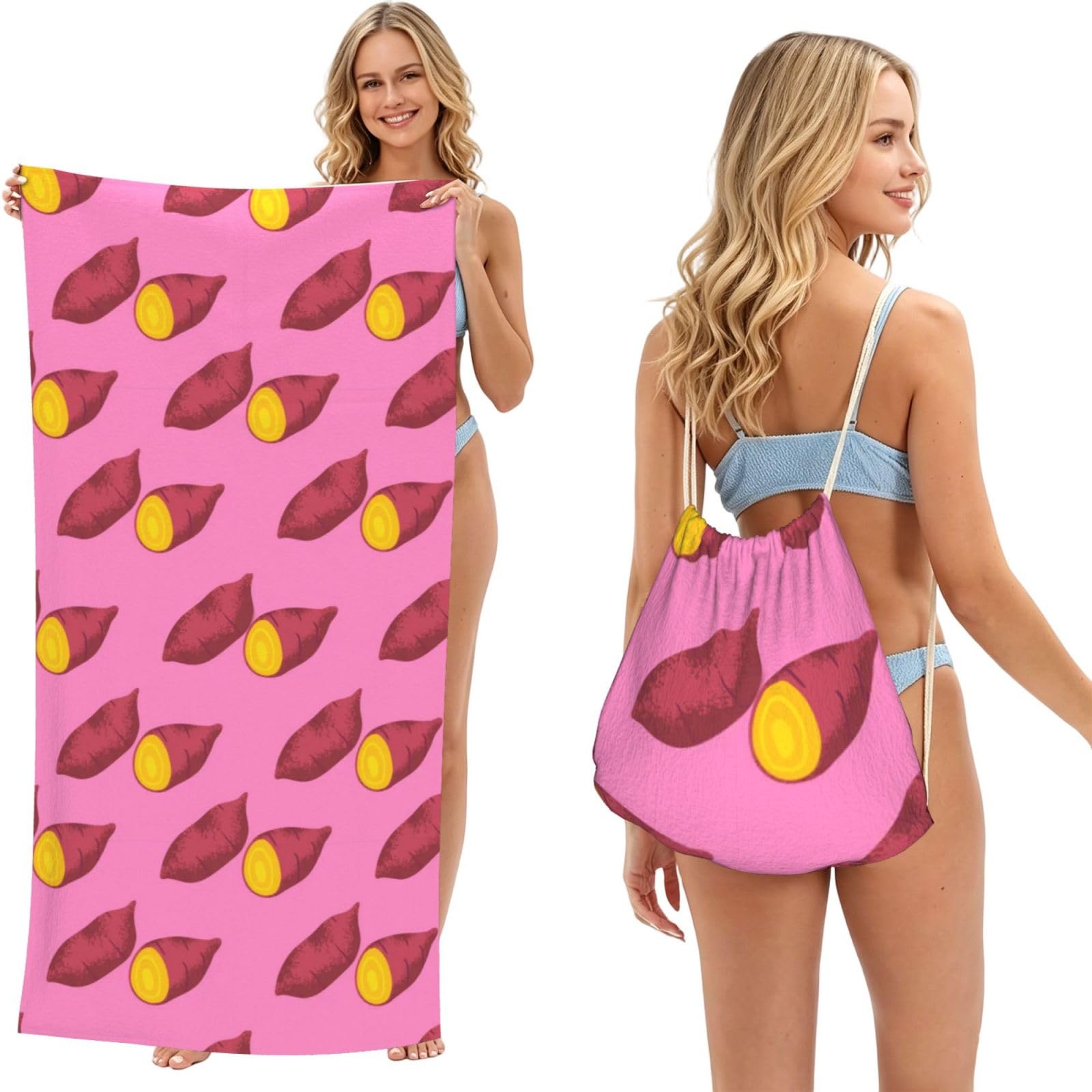 Poadnly As Picture Sweet Potato Pattern, 2 In 1 Packable Towel Bag, Beach Towels With Drawstring Backpack For Travel Holiday Camping