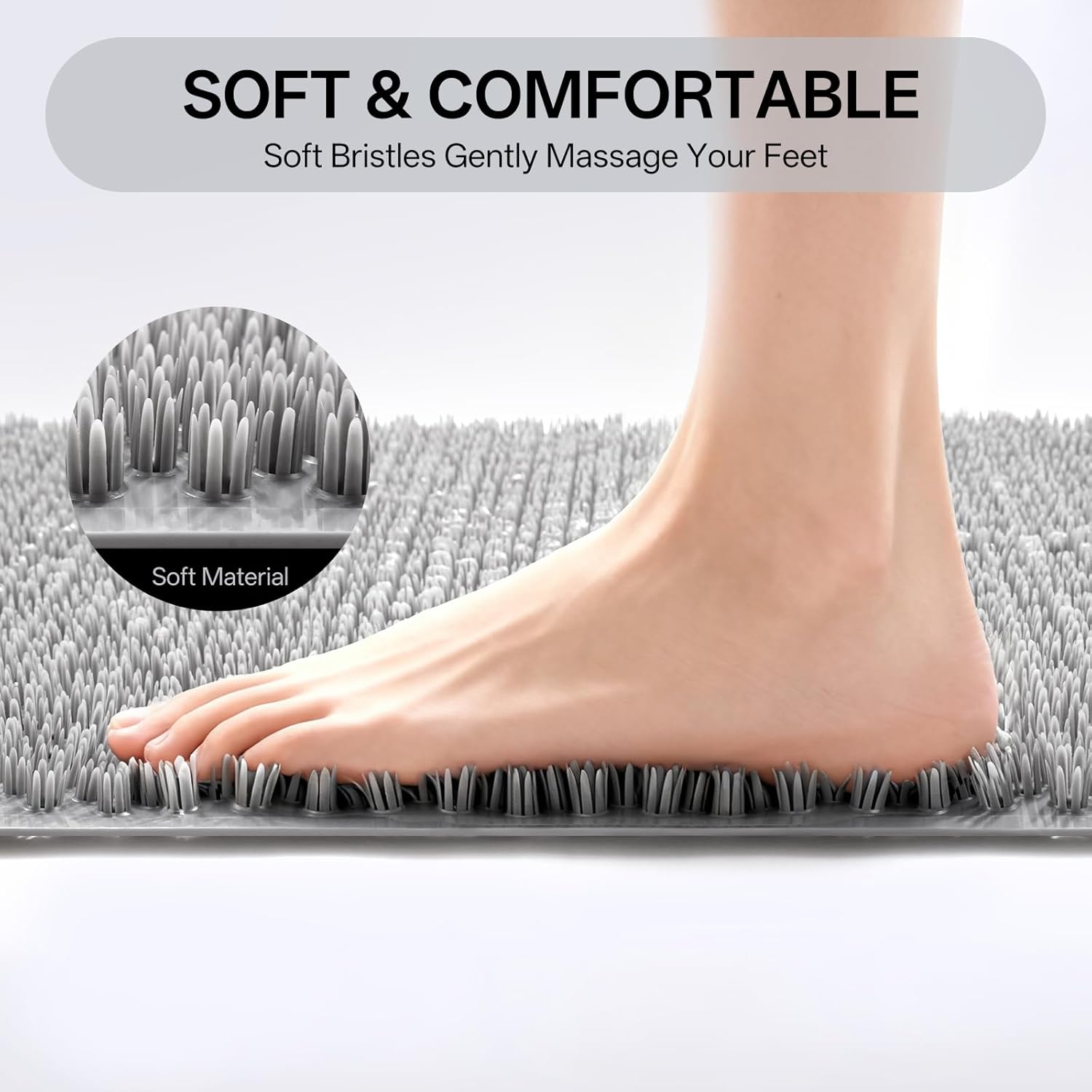 Non Slip Shower Mat, 16x27 Exfoliating Foot Scrubber Mat with Suction Cups and Drain Holes, Quick Drying Soft Bathtub Mat, Machine Washable Drainage Bathroom Mat, Grey