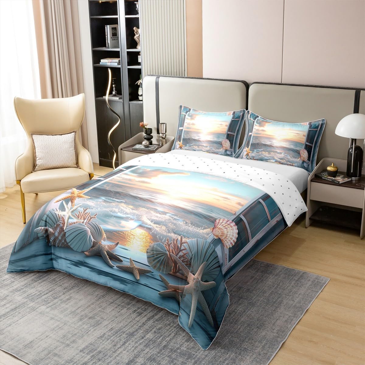 Coton Housse de Couette Océan Parure de Lit 240 x 260 Nuages Coucher de Soleil Vague Couvre Lit pour Amants Garçons Fenêtre en Bois Étoile de Mer Coquille Vie Marine Literie 2 Taies d'oreiller