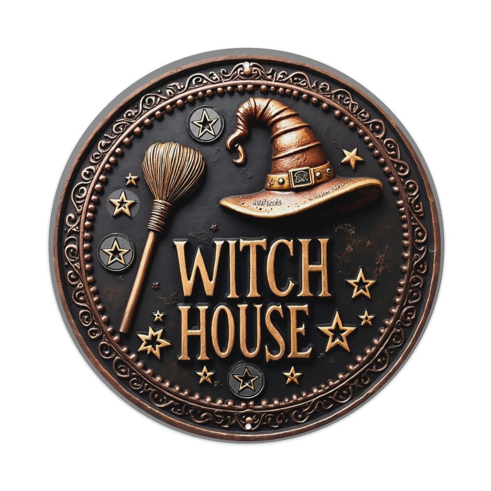 Witch Hat Broom Stars House Retro Metal Sign Round Tin Sign, Vintage Decor Art Poster for Bar, Home, Man Cave, Kitchen, Laundry Room Gift 8x8Inch