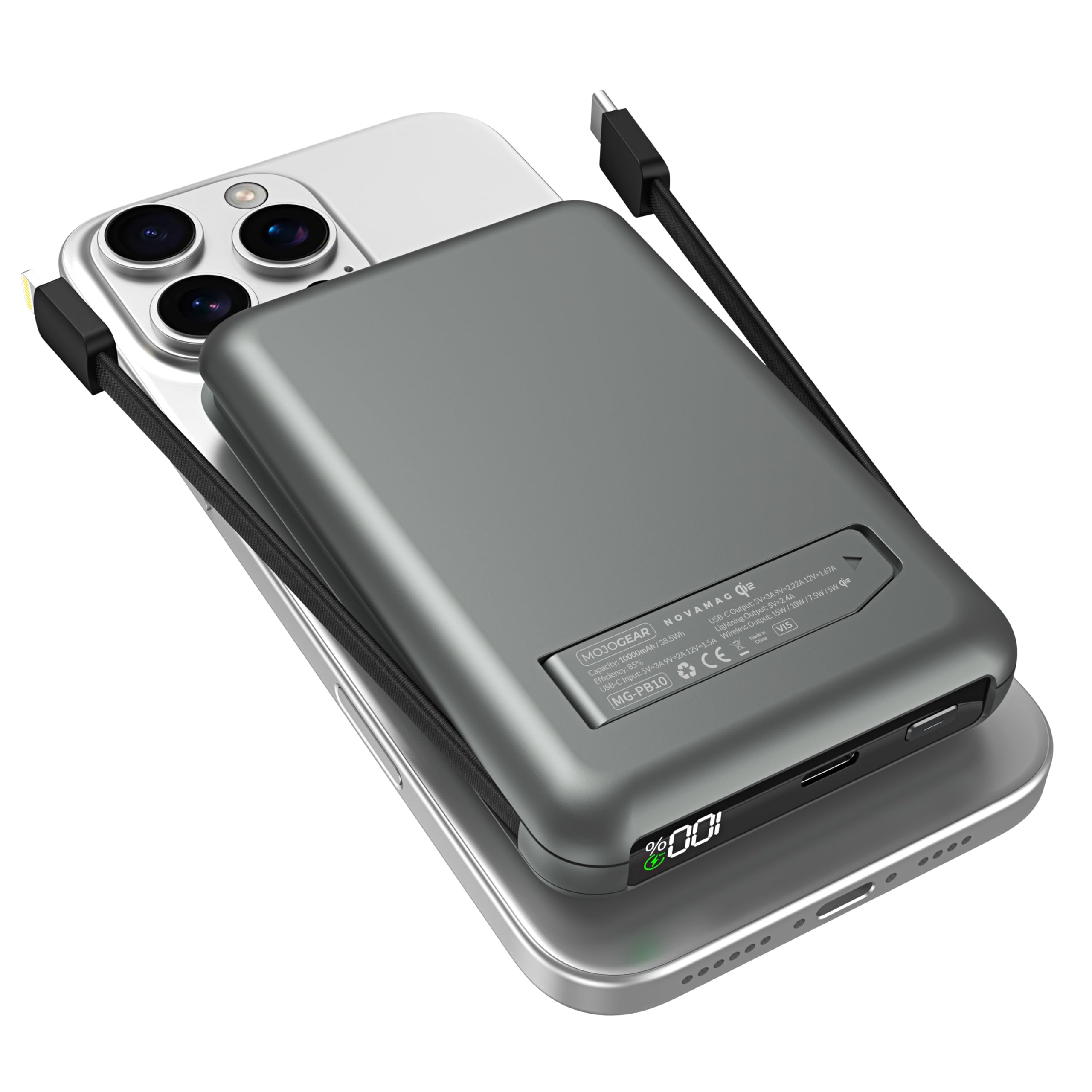 MOJOGEAR NovaMag All-in-1 Power Bank 10000mAh - Wireless Qi2 Super Fast Charge - Cavo USB-C e Lightning integrato - Compatibile con iPhone e Samsung - Mag Safe Powerbank - Display LED - Grigio